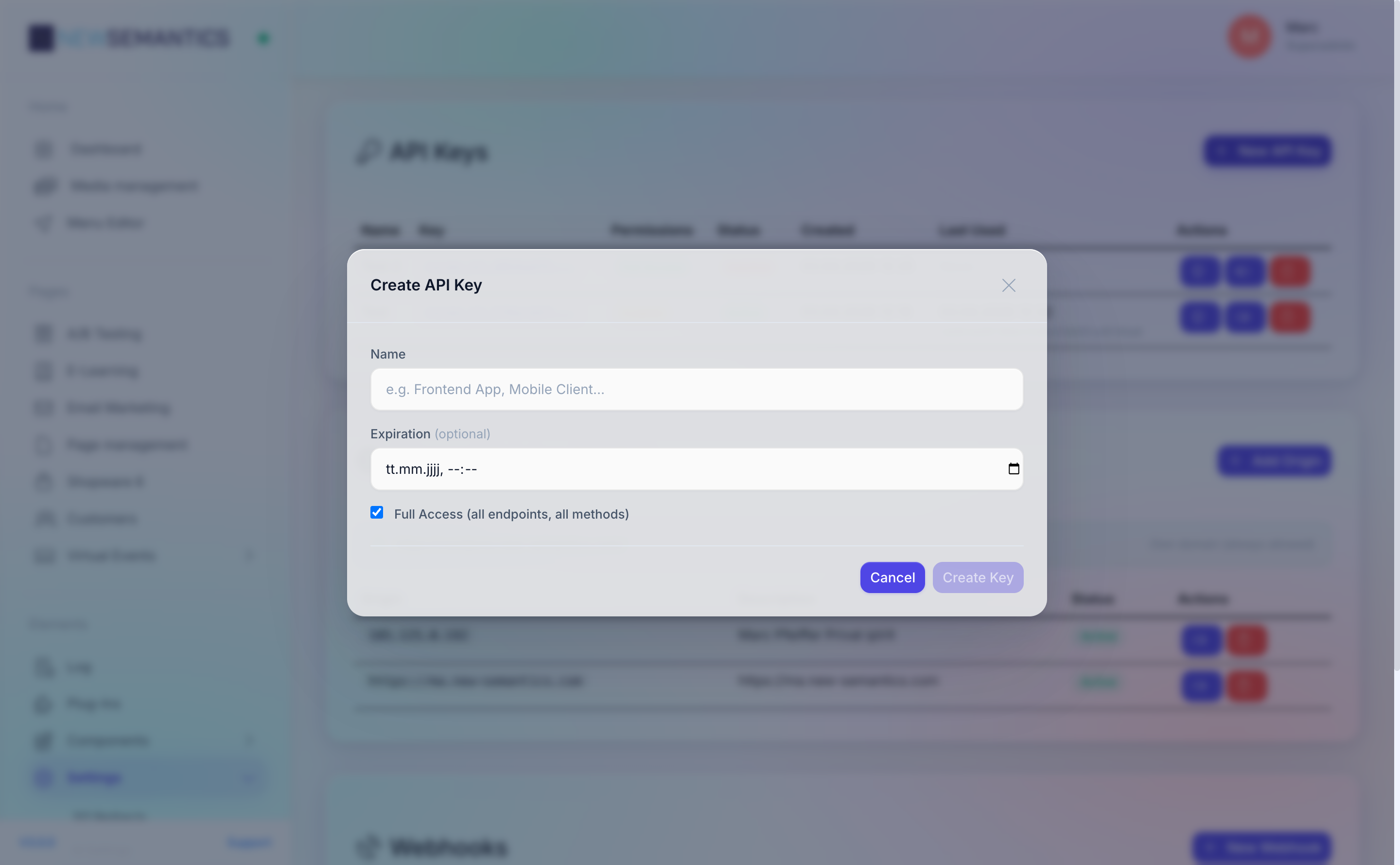 Create API key modal with name, expiry, and rights selector