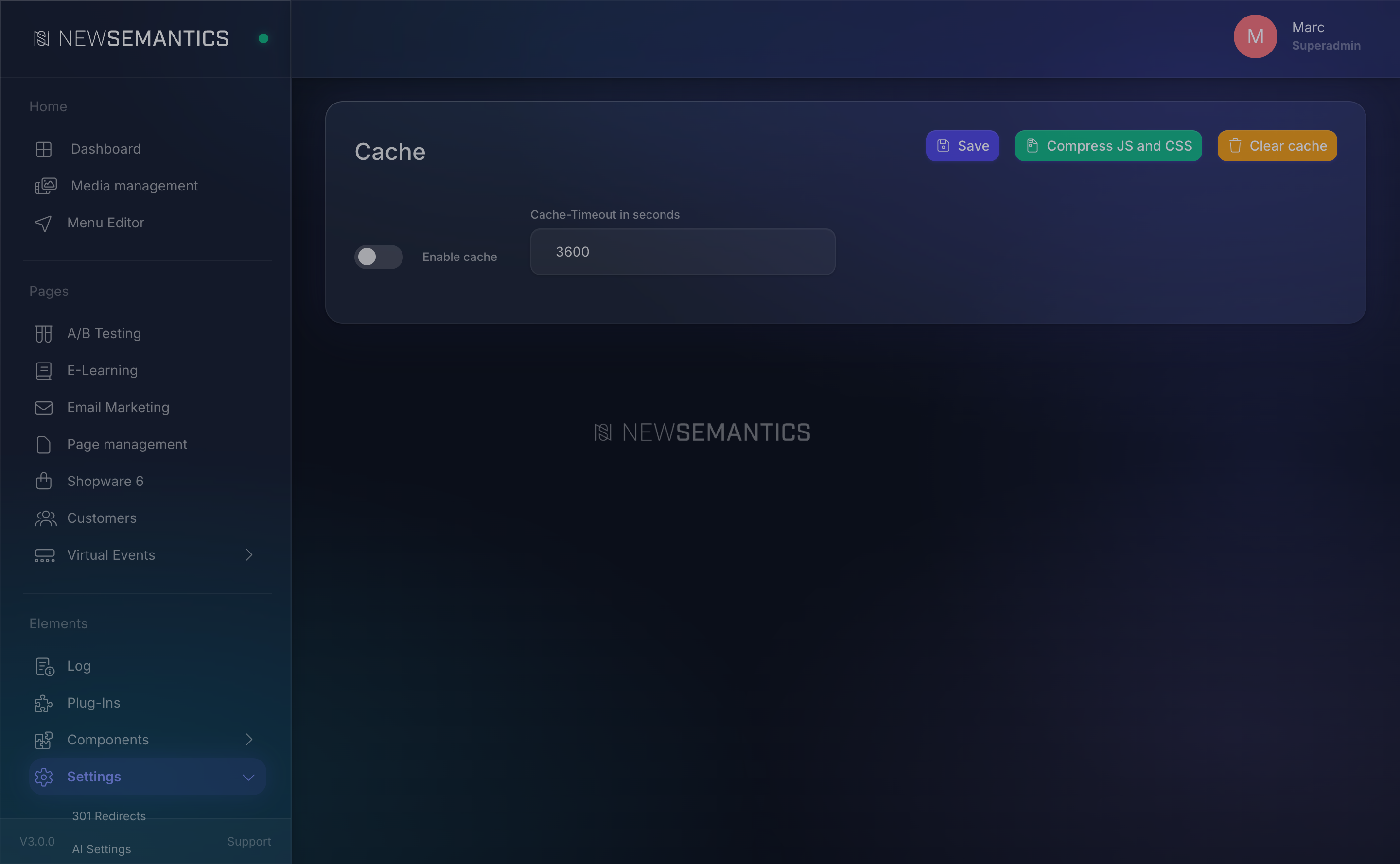 Cache settings with Enable cache toggle, TTL input, and two action buttons