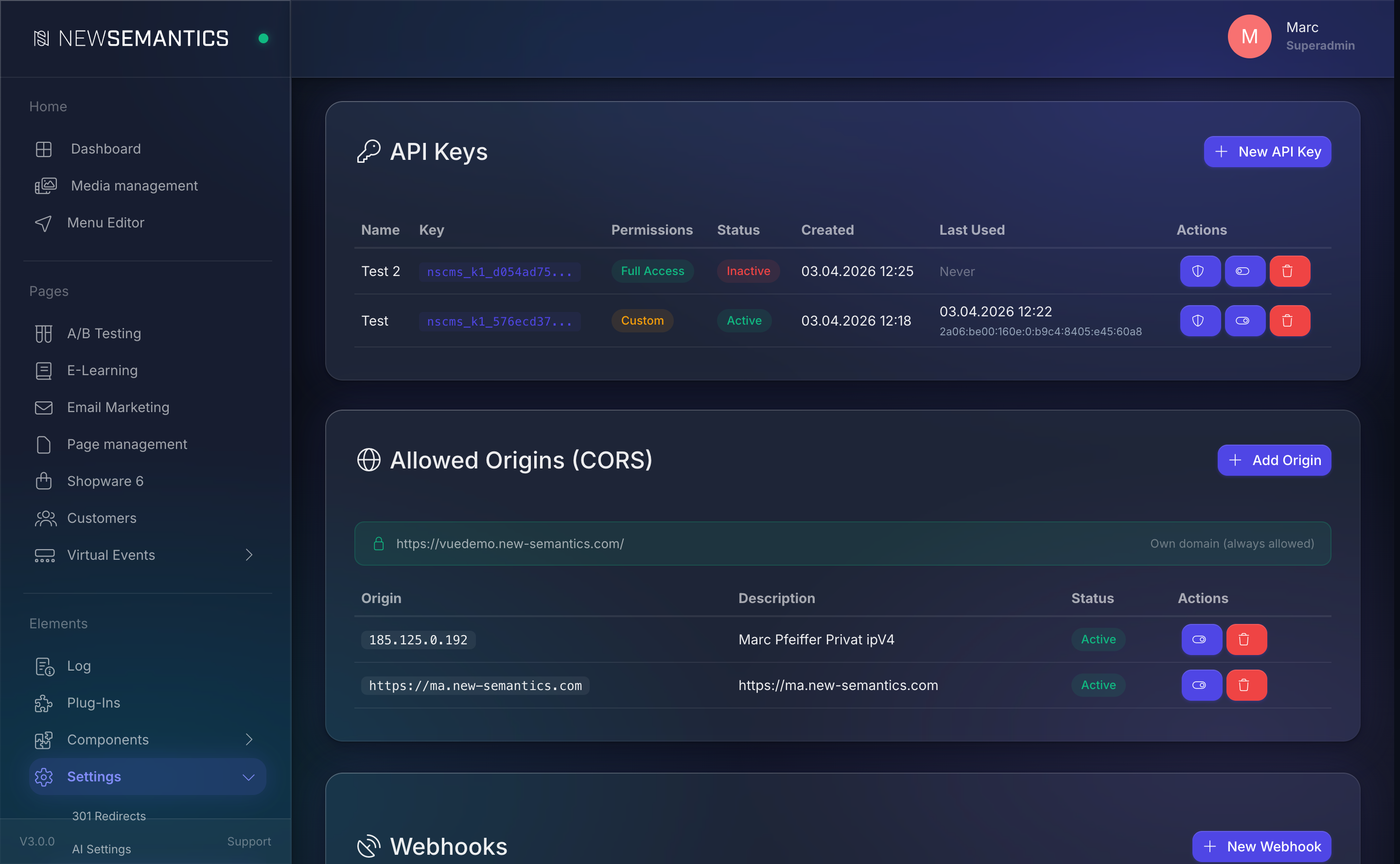 Allowed origins list with Add origin and Delete actions