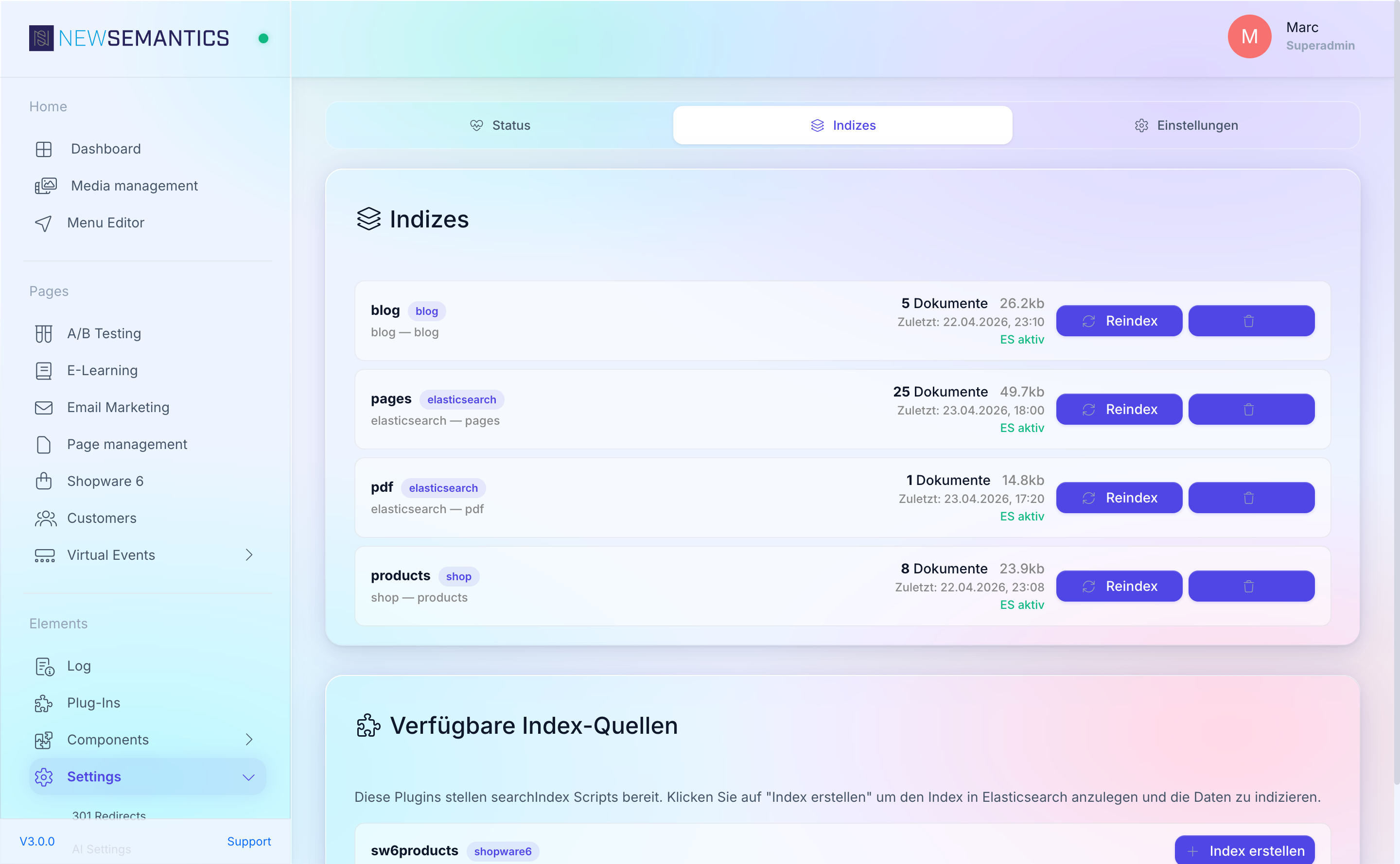 Indices list with document count, size, last indexed timestamp, Reindex and Delete actions
