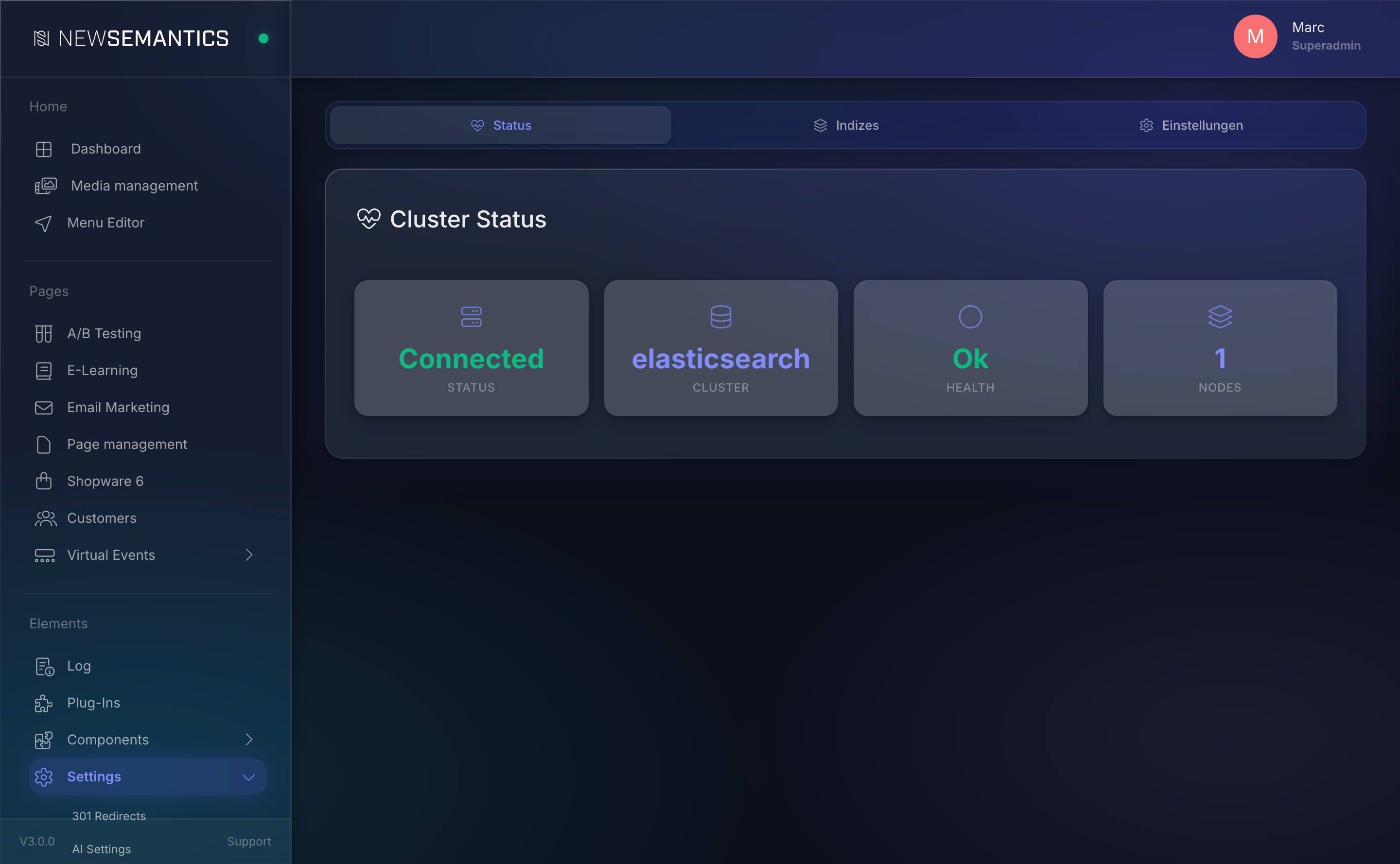 Elasticsearch Status tab with Connected, Cluster, Health, and Nodes cards
