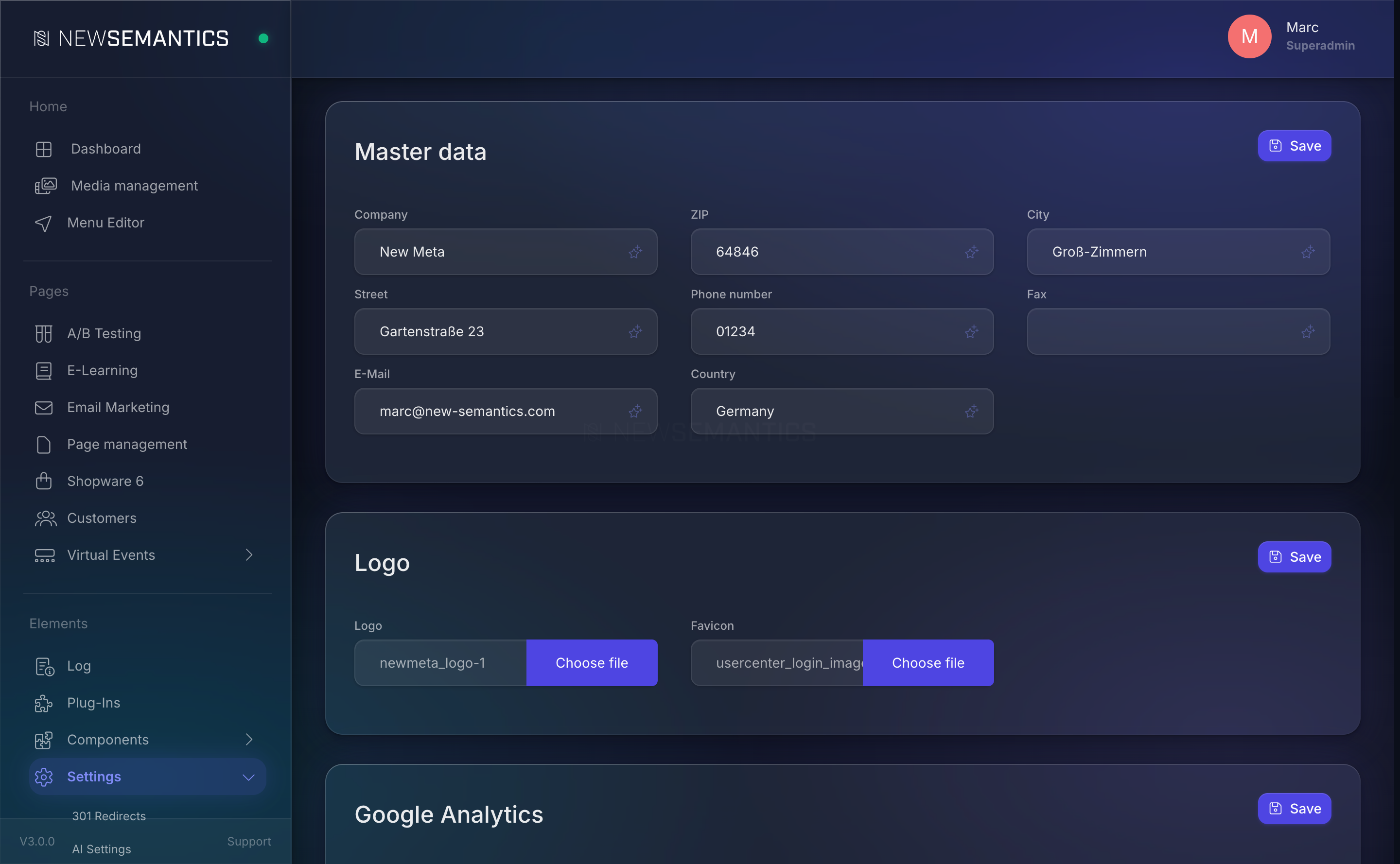 General Settings with Master Data, Logo, Analytics, and Homepage sections