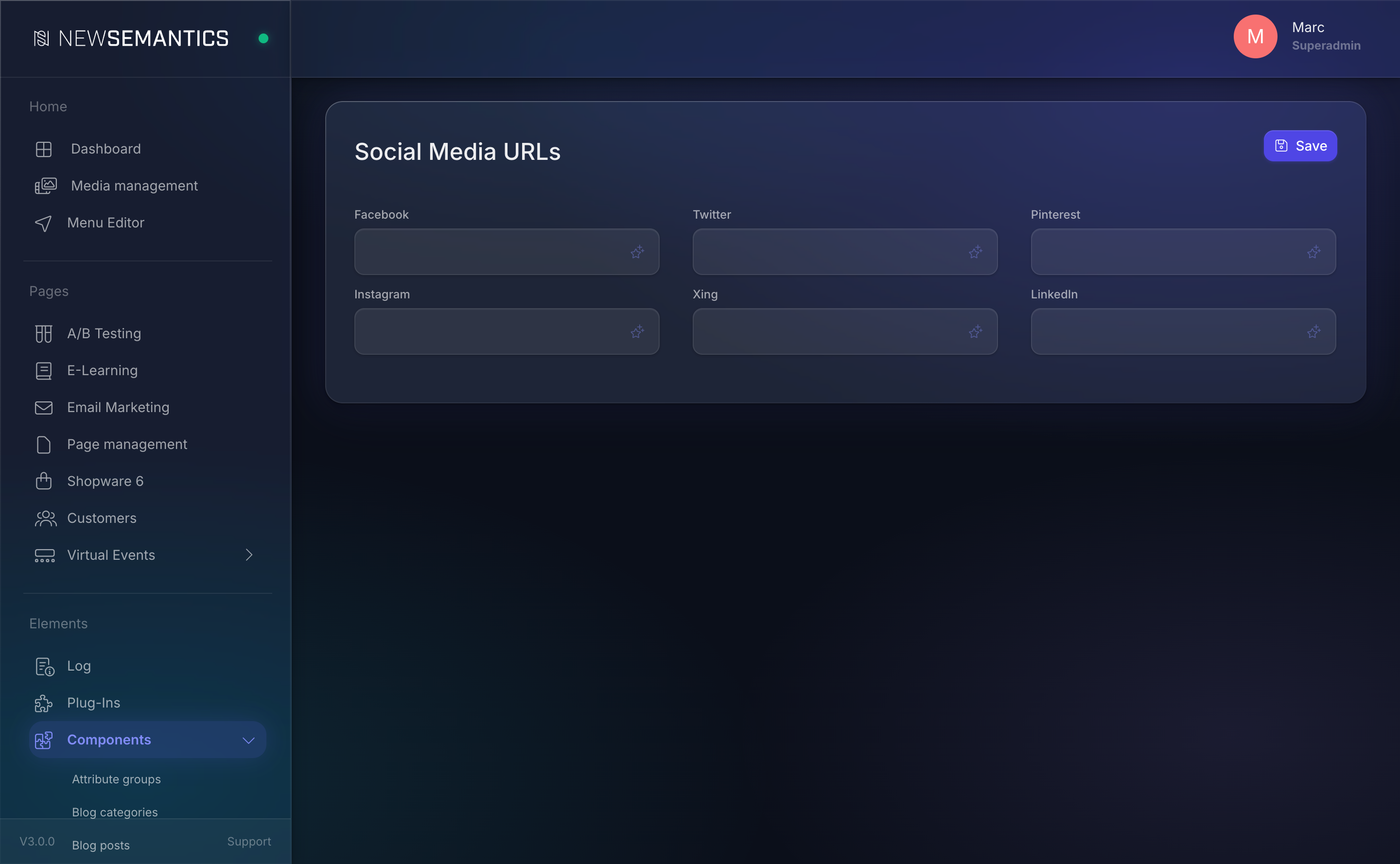 Social media fields for Facebook, Twitter, Pinterest, Instagram, Xing, LinkedIn