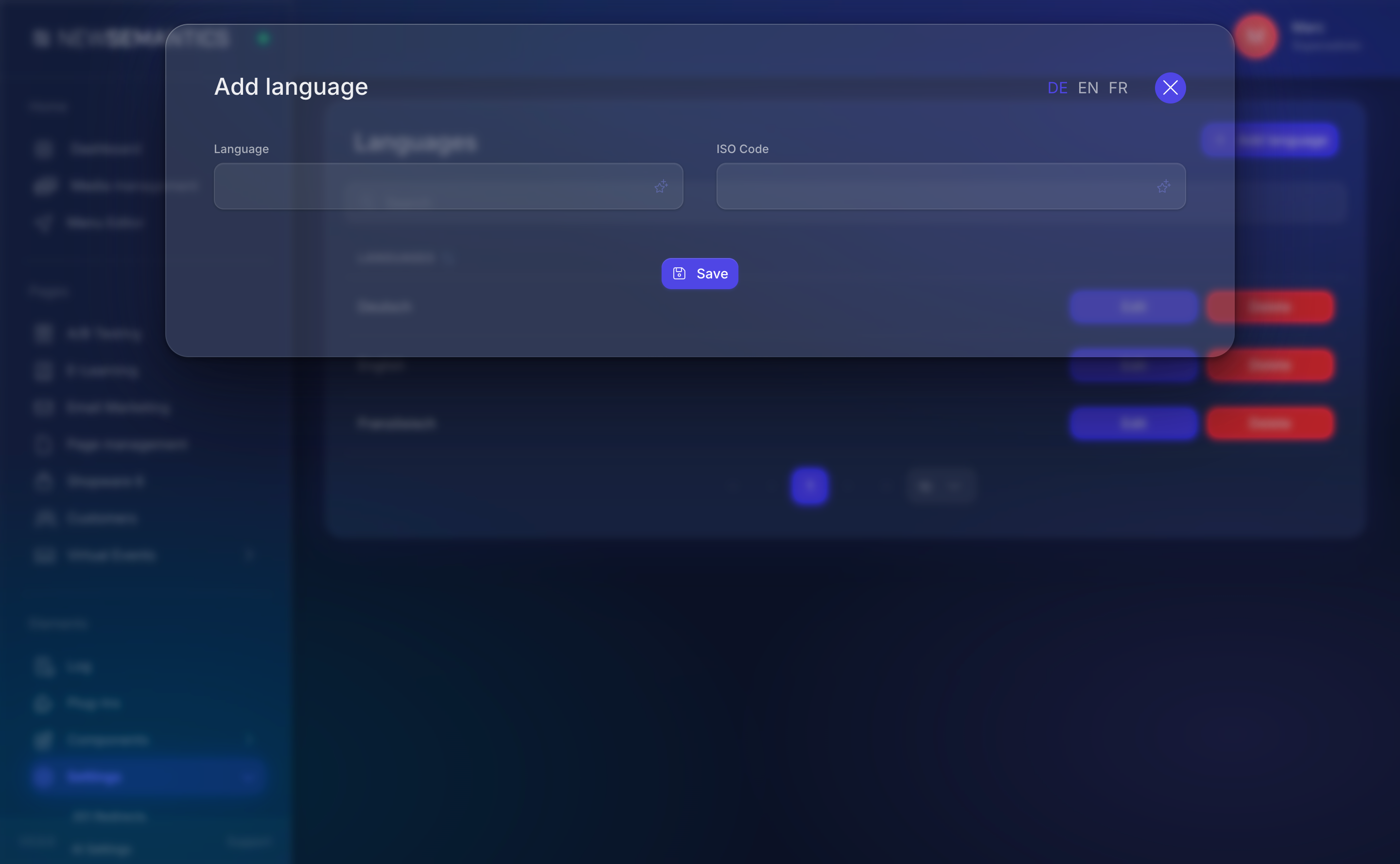 Add language modal with name and ISO code