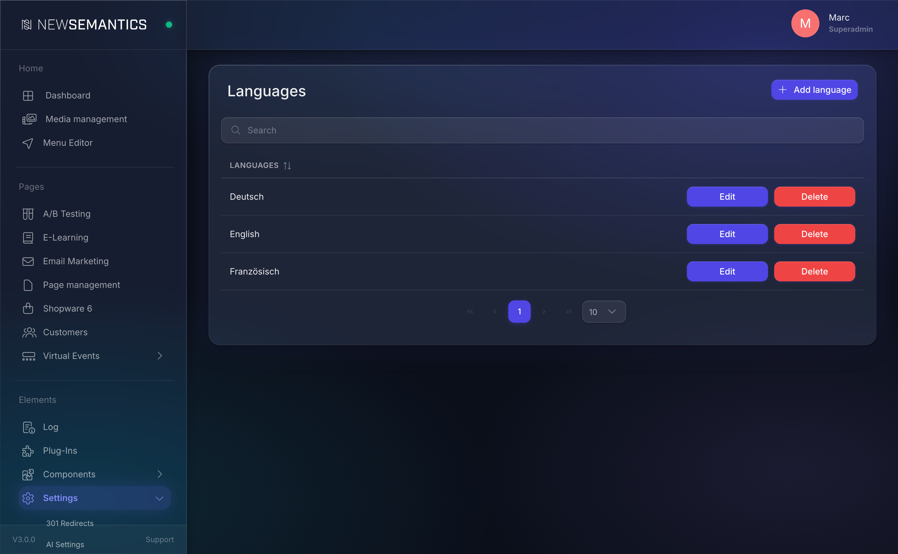 Languages list with language name and ISO code