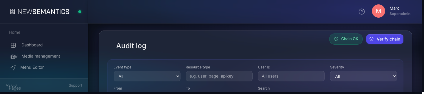 Chain status badge and verify button in the audit log header