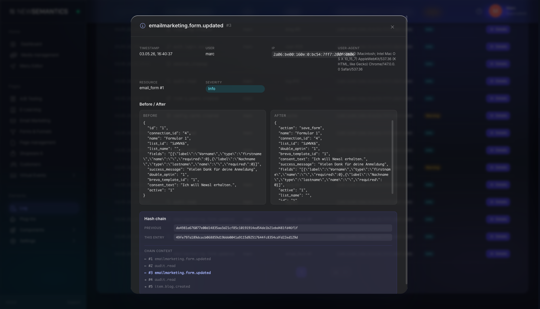 Audit log detail modal with before/after JSON diff and hash chain context