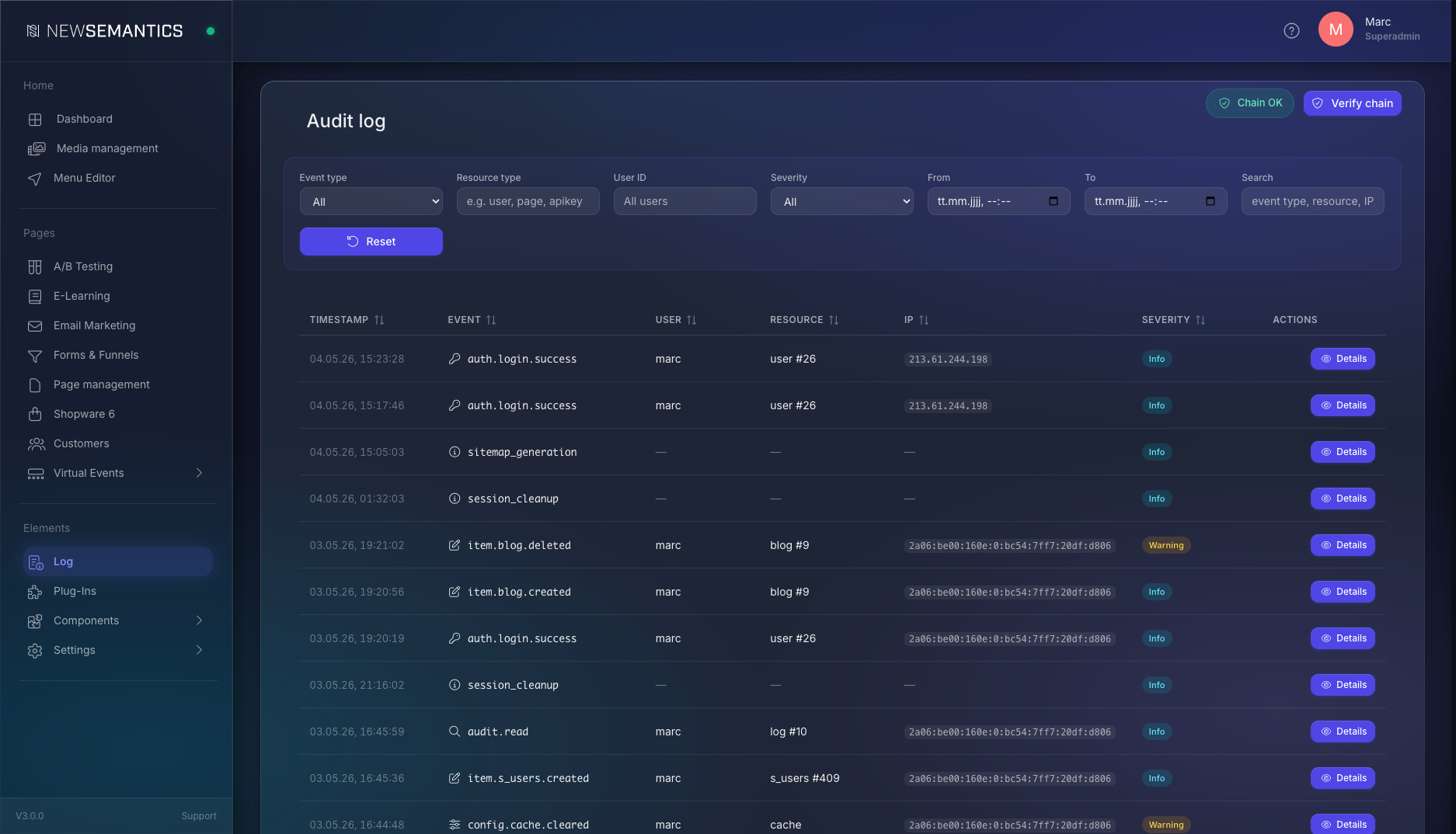 Audit log table with filter bar, chain status badge, and severity column