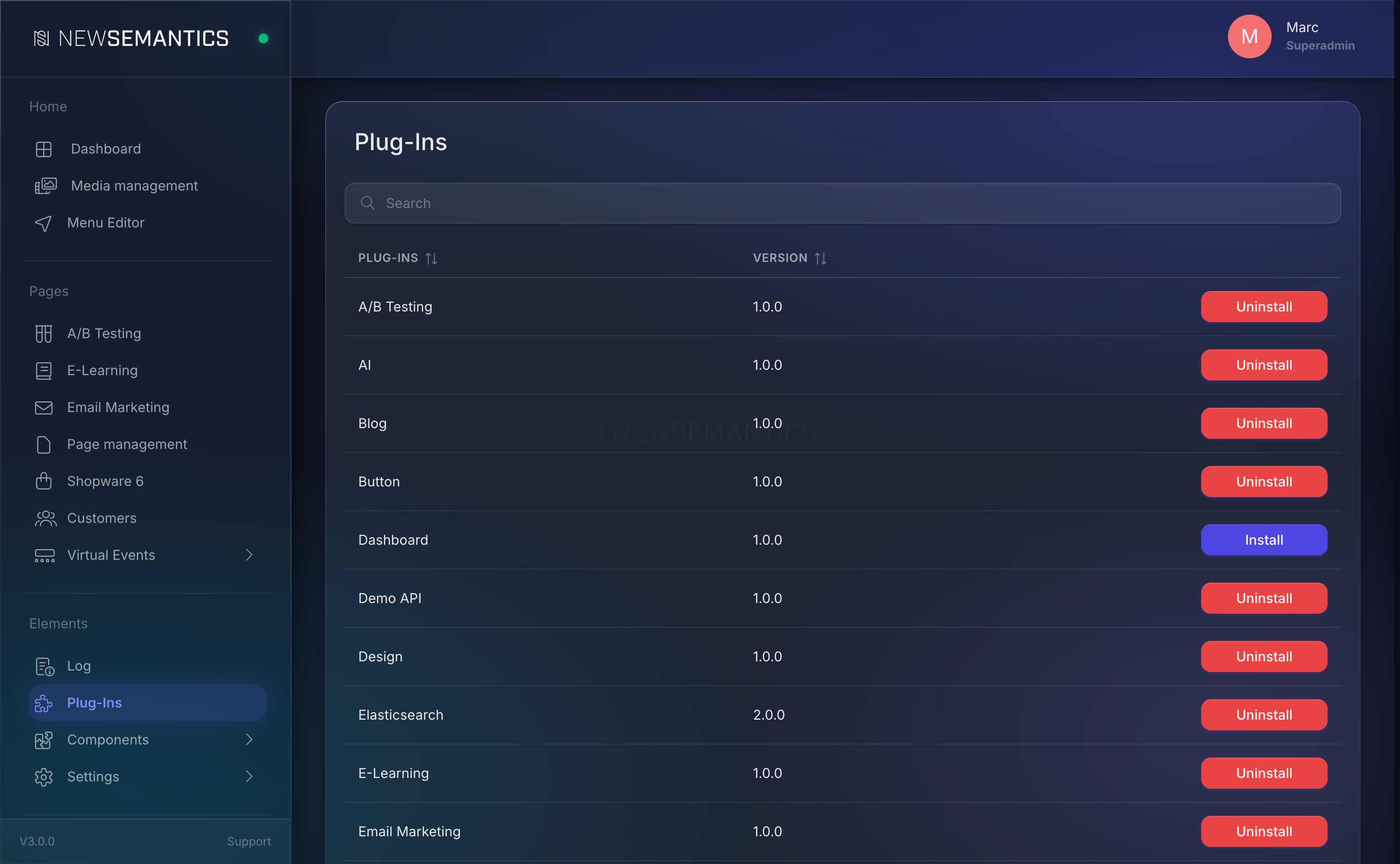 Plugin Manager list with Install and Uninstall buttons per plugin