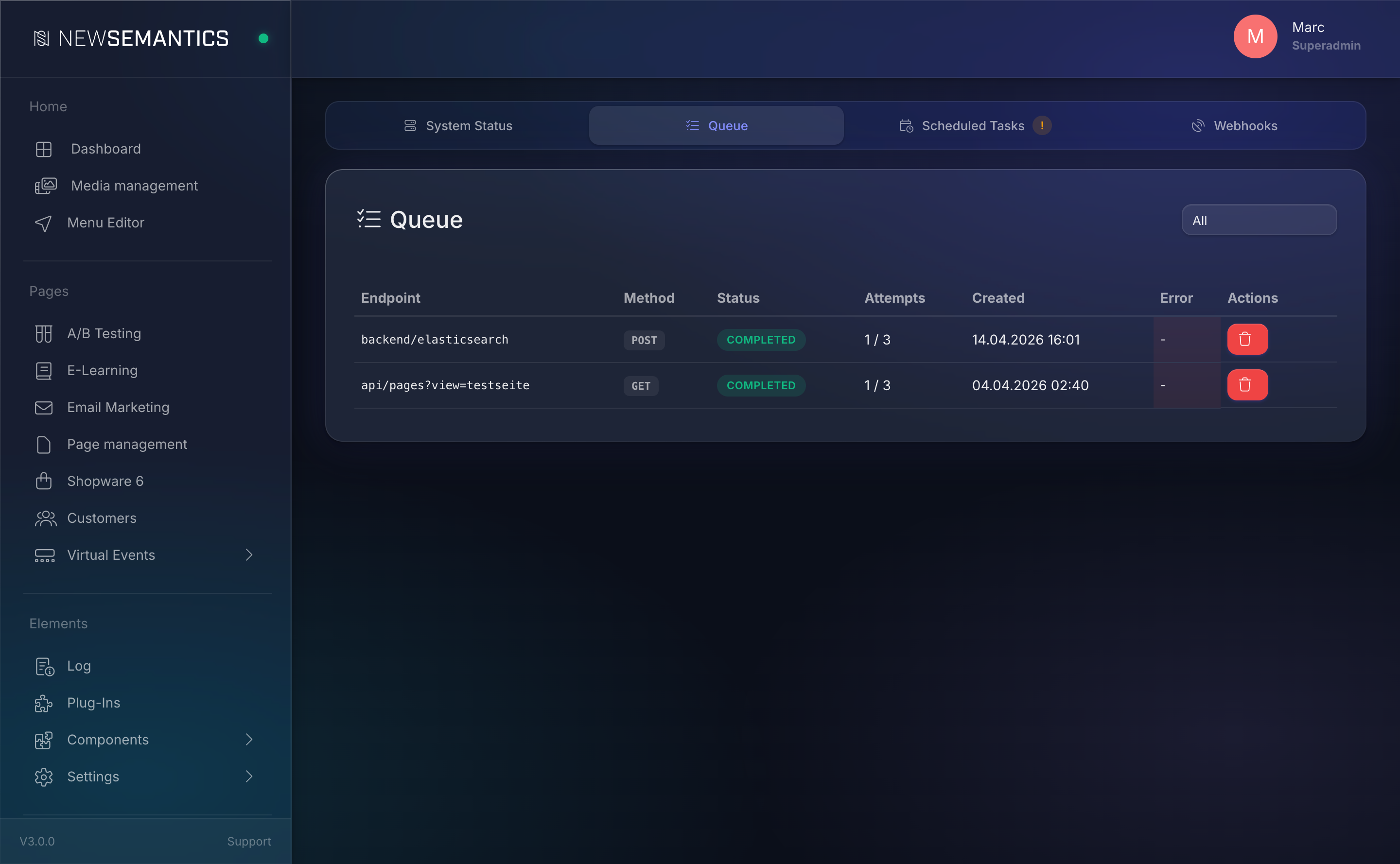 Queue tab with a table of pending, processing, completed, and failed jobs