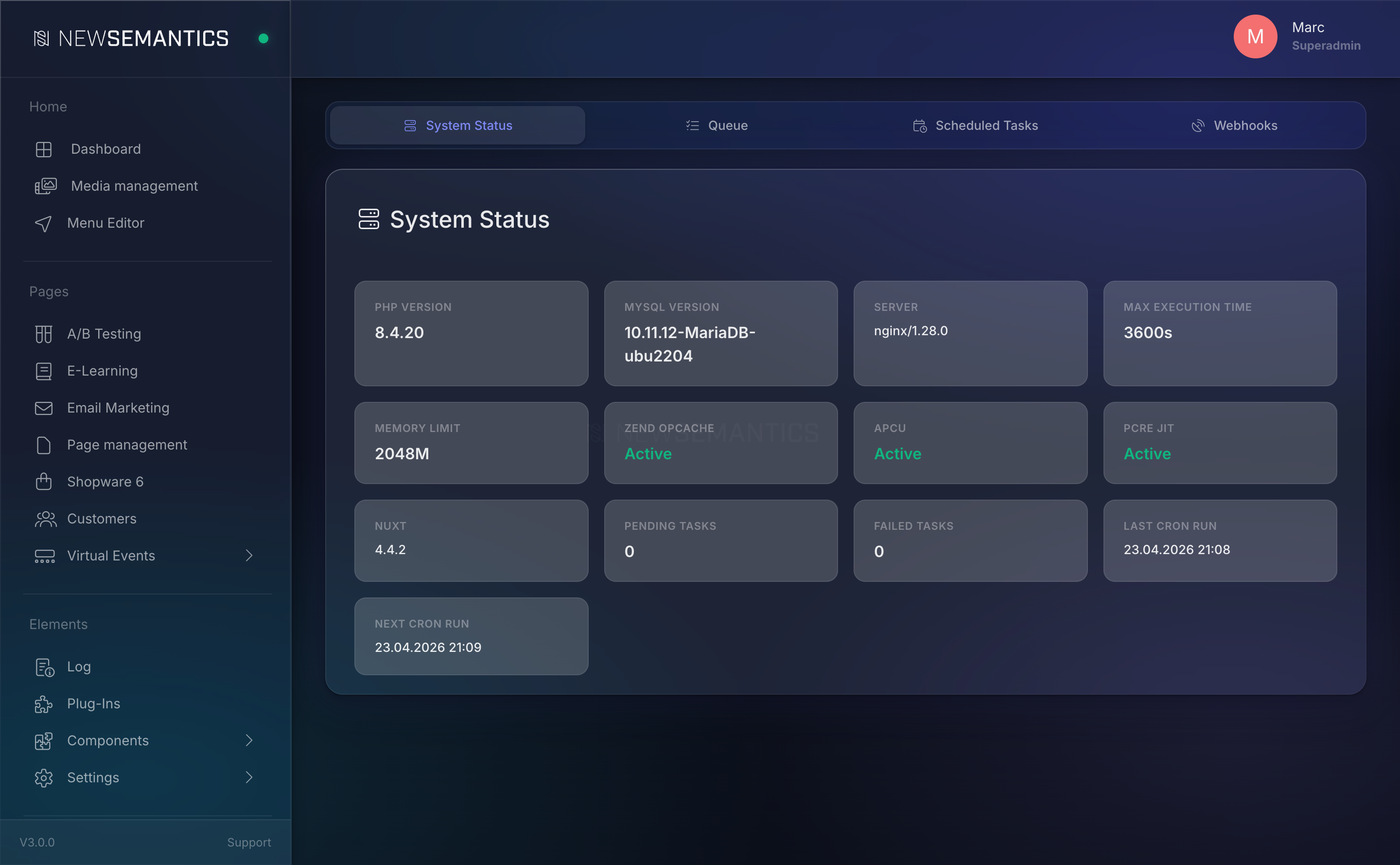 Task Manager with four tabs: Status, Queue, Scheduled Tasks, Webhooks