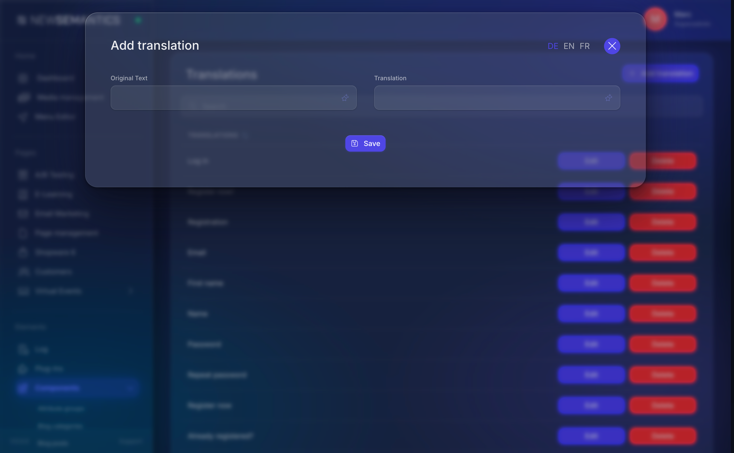 Add translation modal with original and translation fields, language tabs