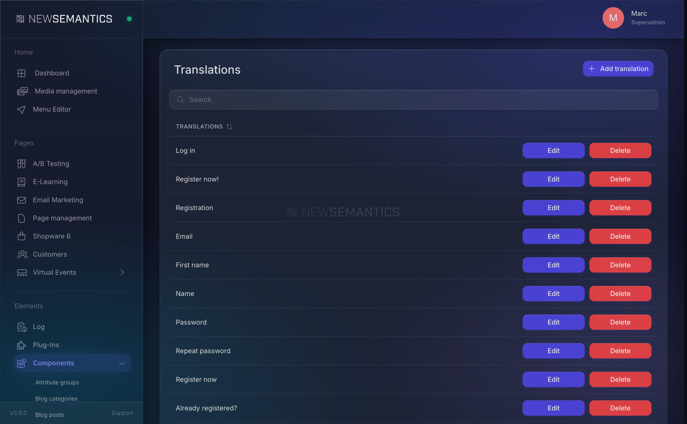 Translations list with original text and translation columns