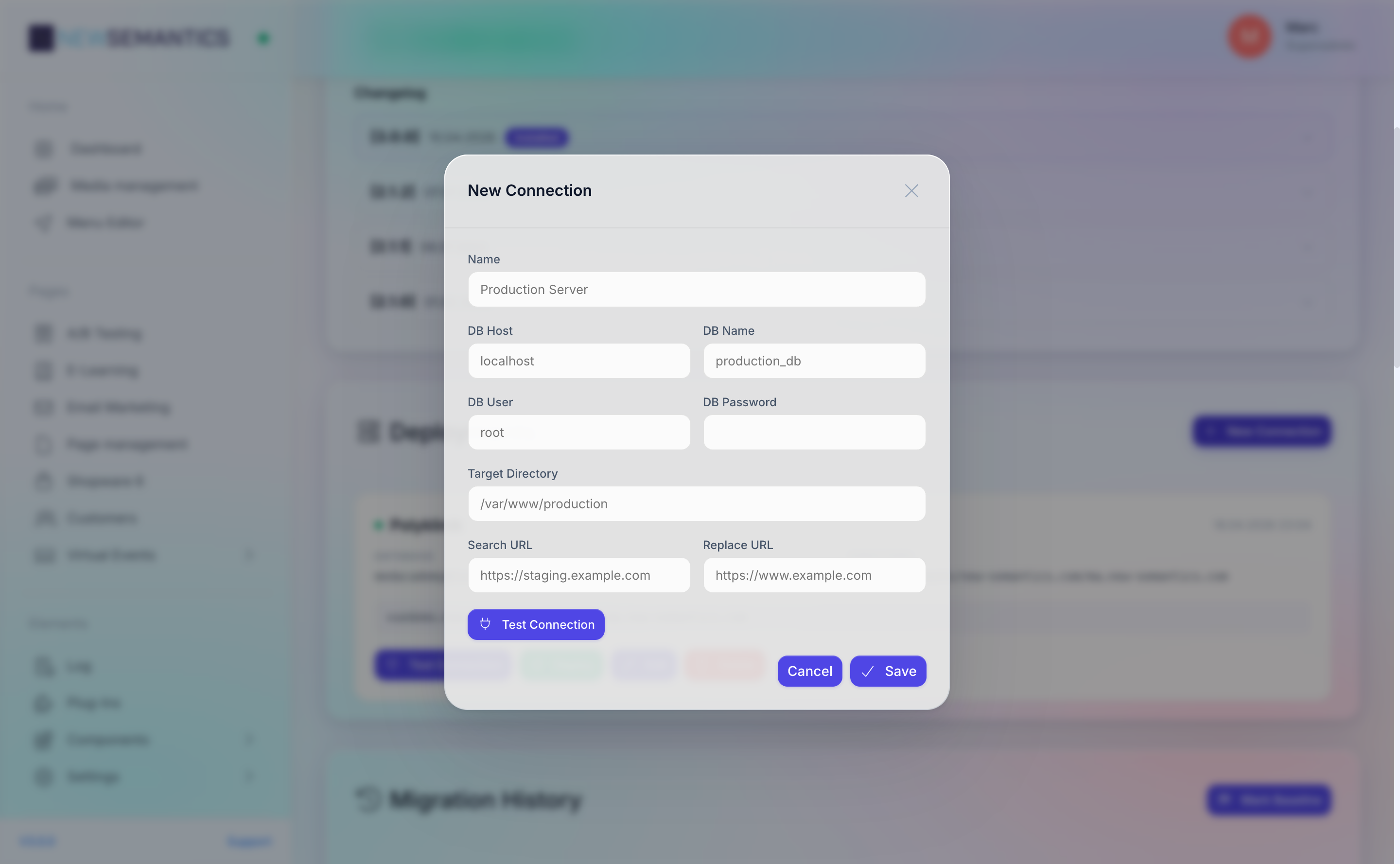 New deployment target modal with DB host, user, and directory fields