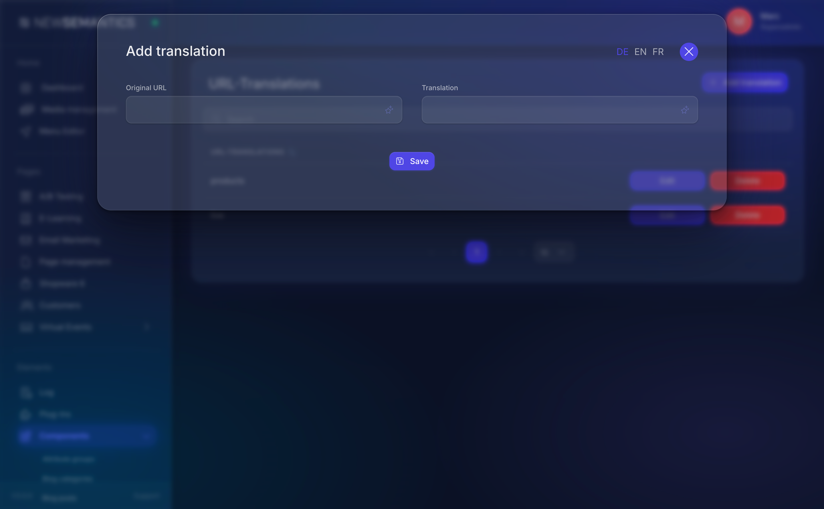 Add URL translation modal with original and translation fields