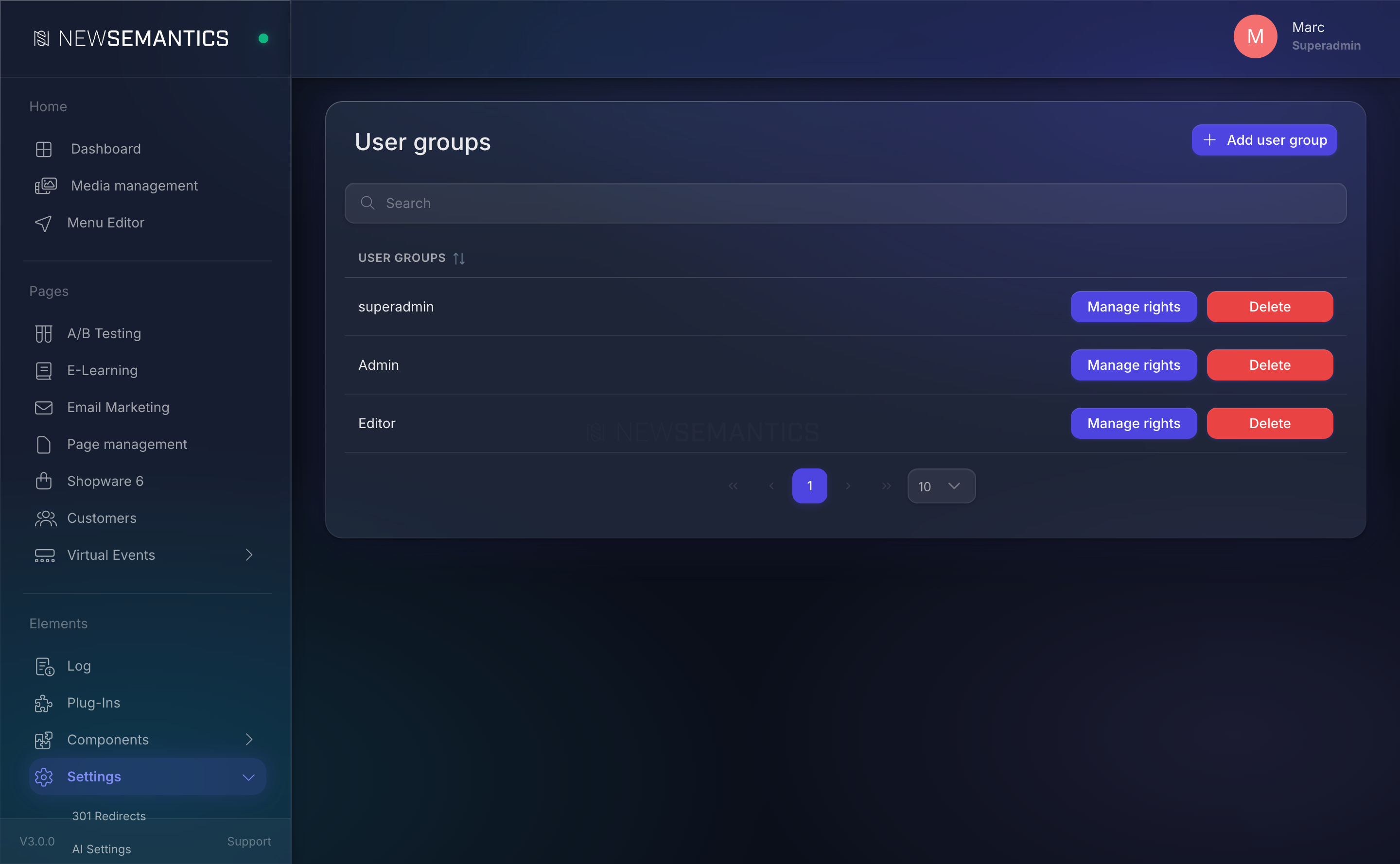 User groups list with Manage rights and Delete actions