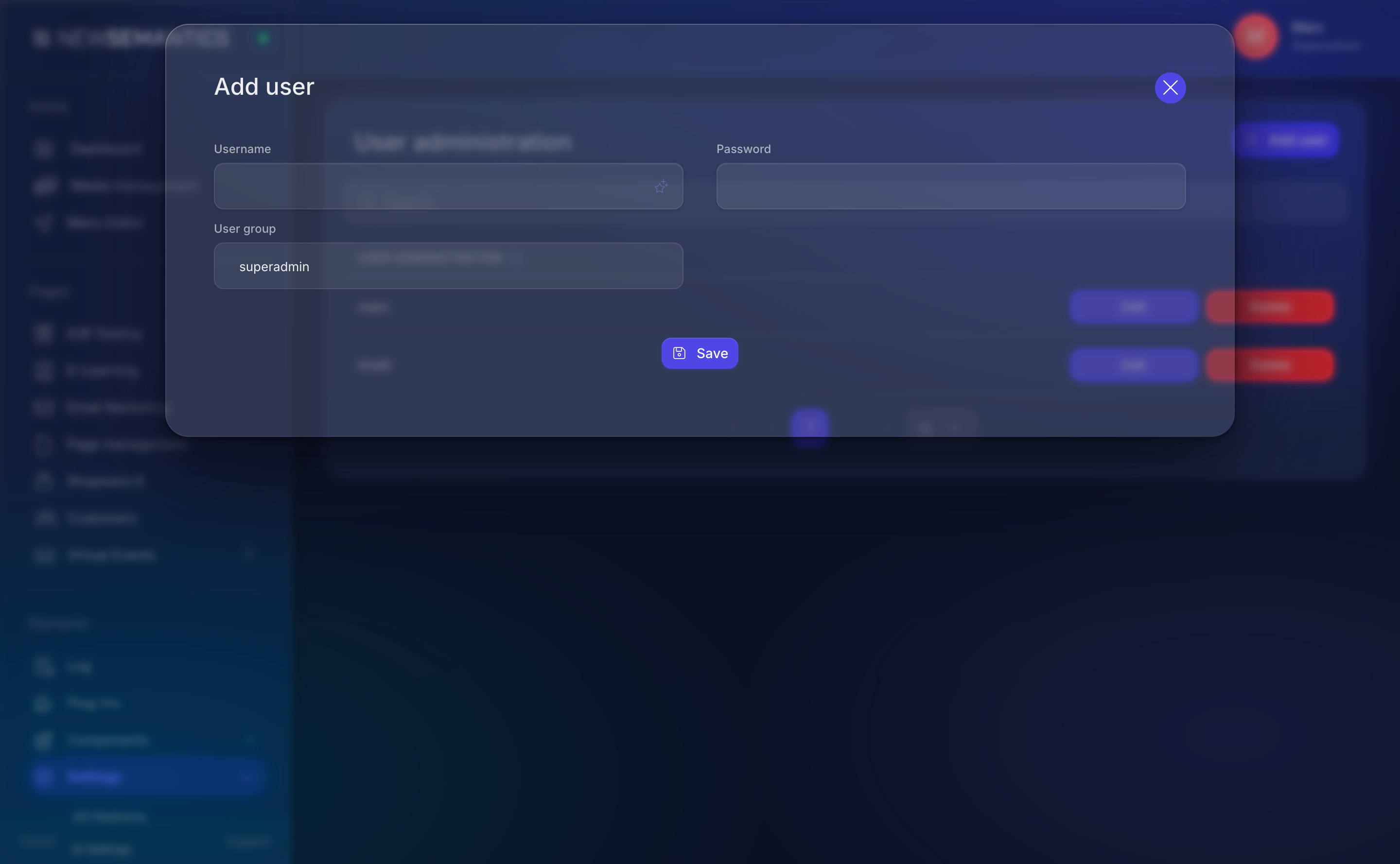 Add user modal with username, password, and user group fields