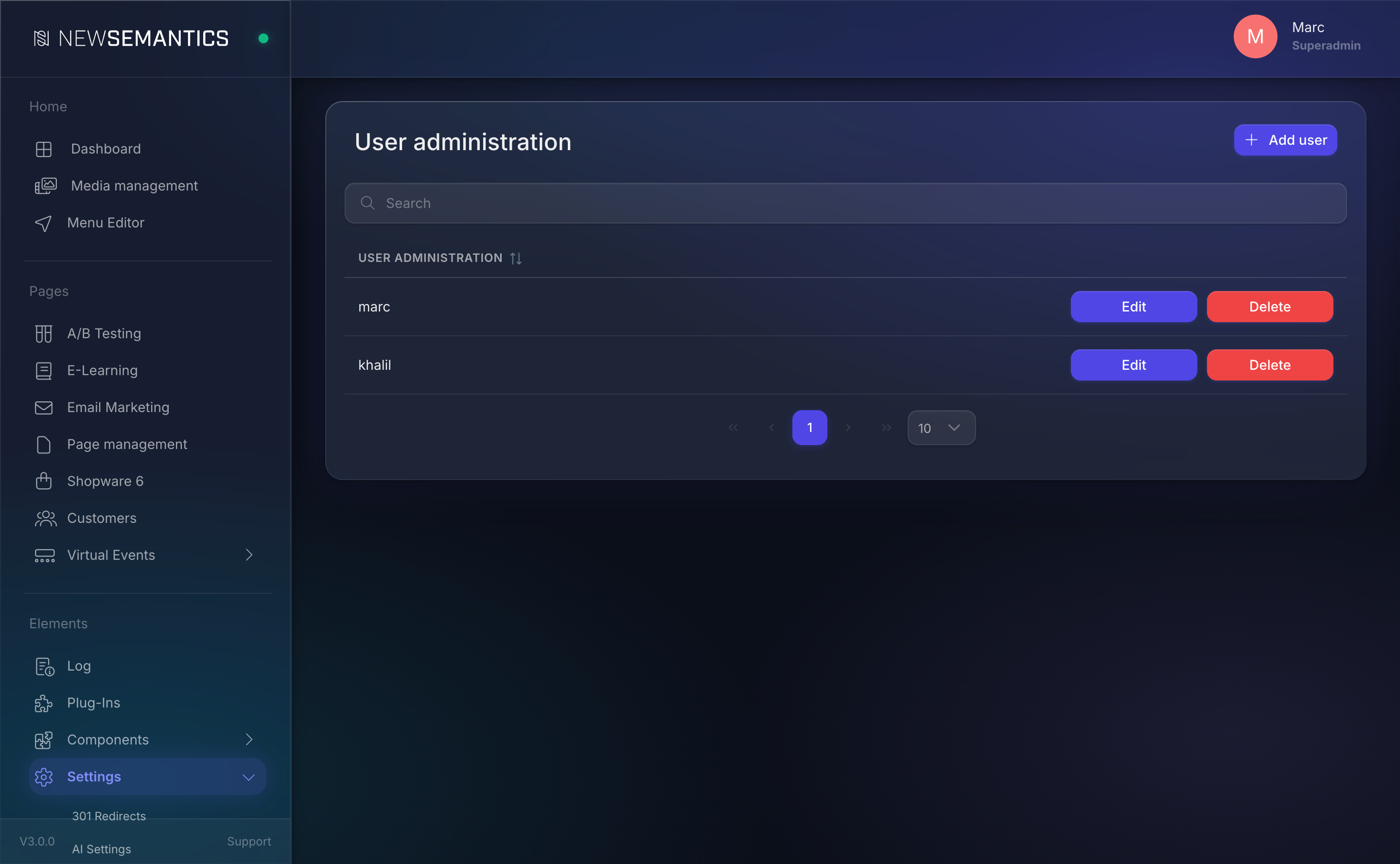 User list with Add user, Edit, and Delete actions