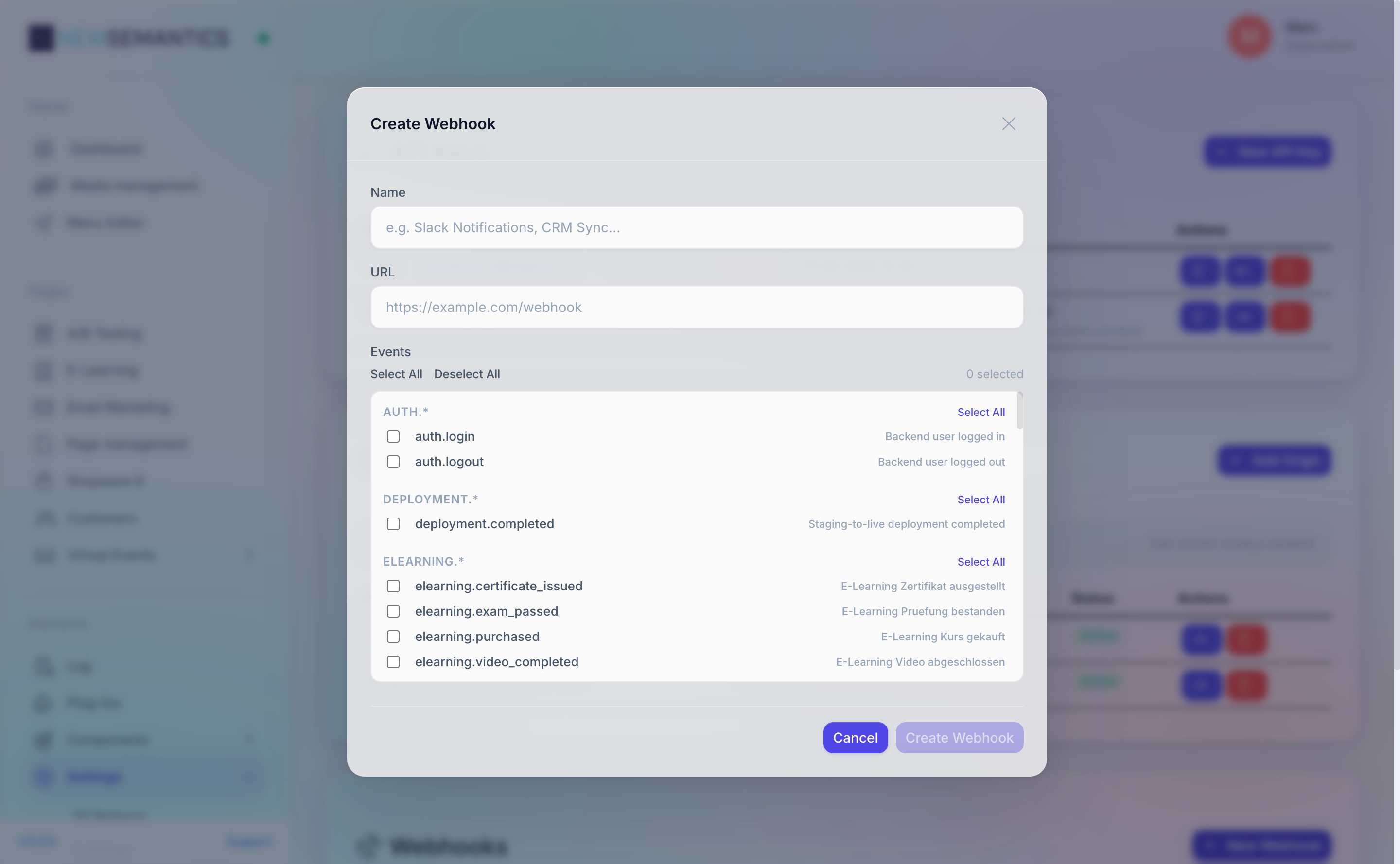 New webhook modal with URL, events, and secret