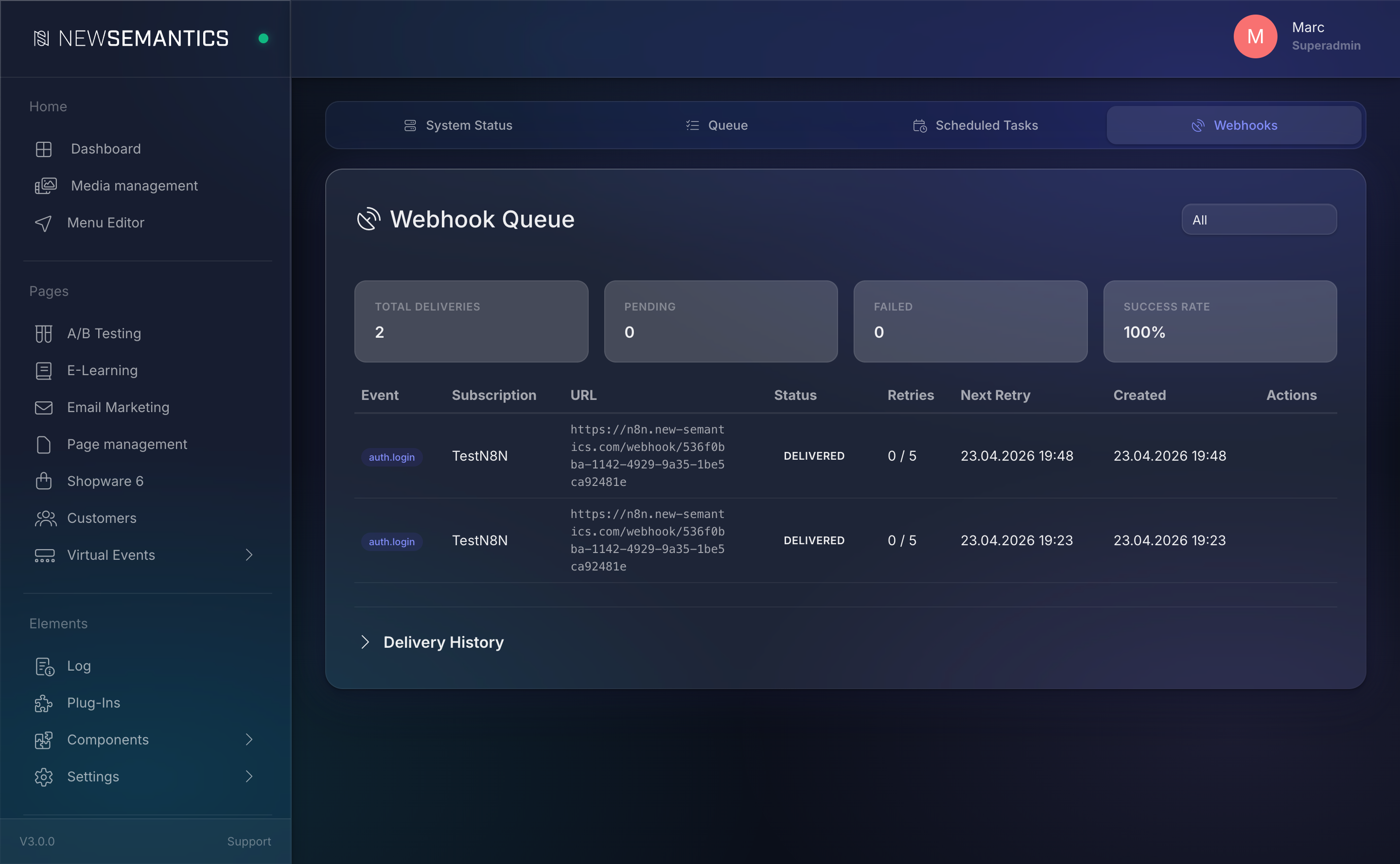 Delivery history with status codes and retry counts