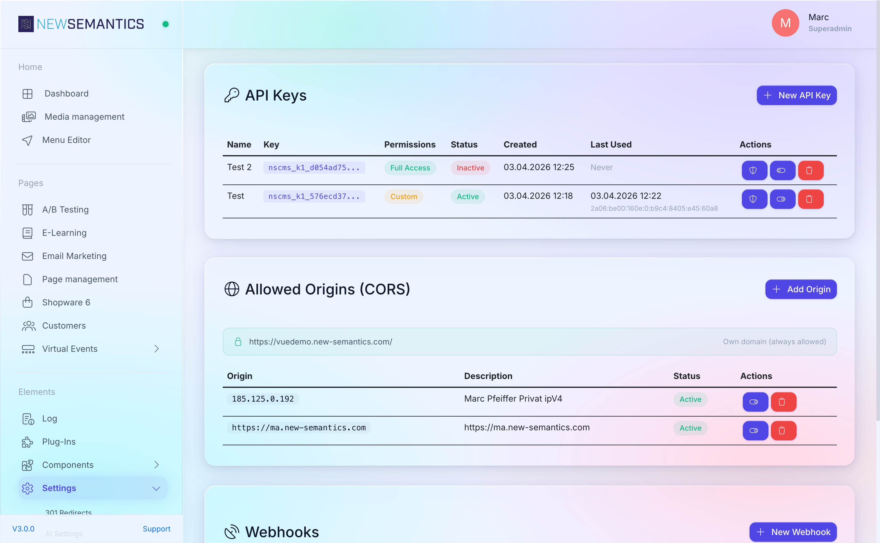 Webhooks tab with a list of subscriptions