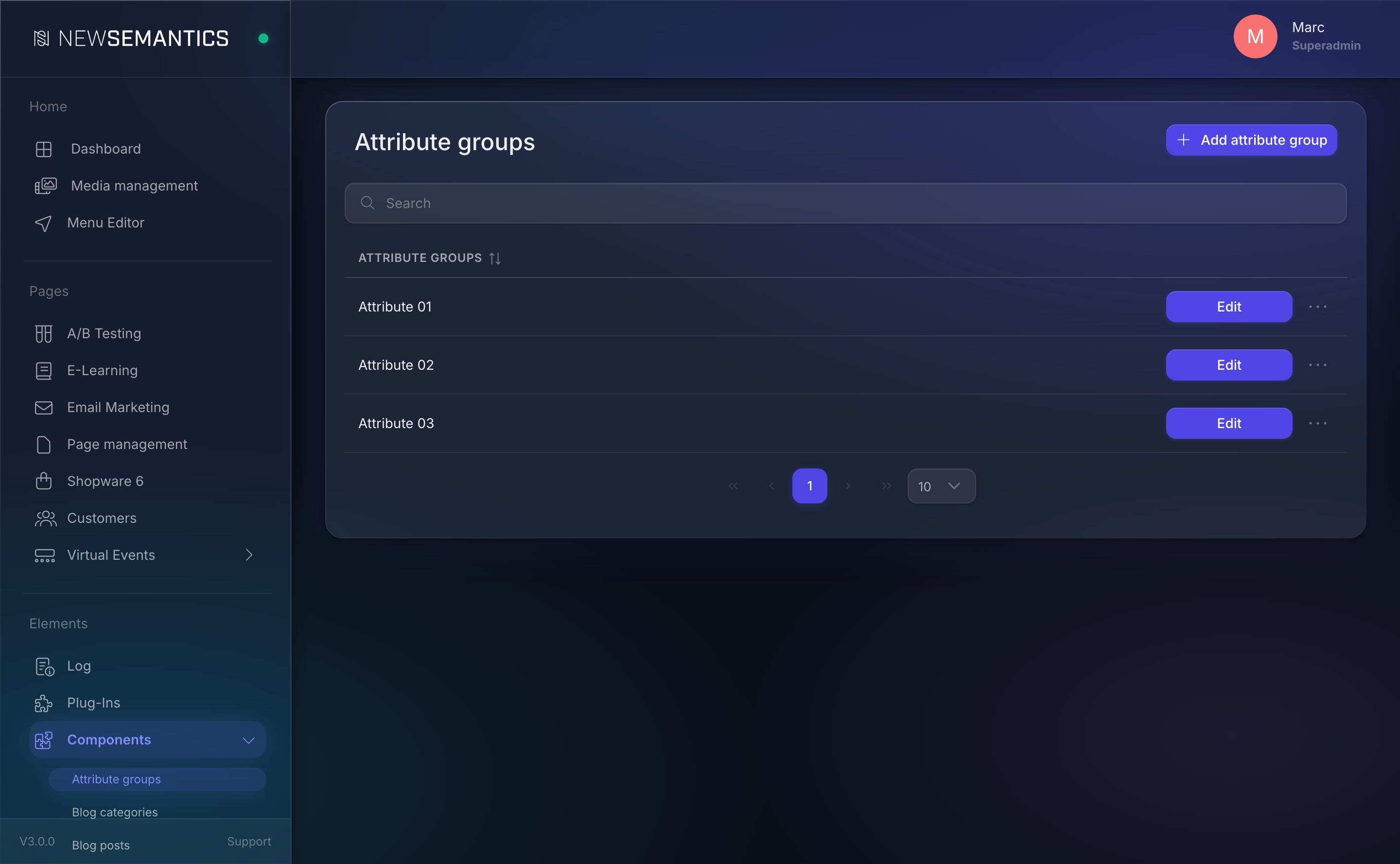 Attribute groups list with group names