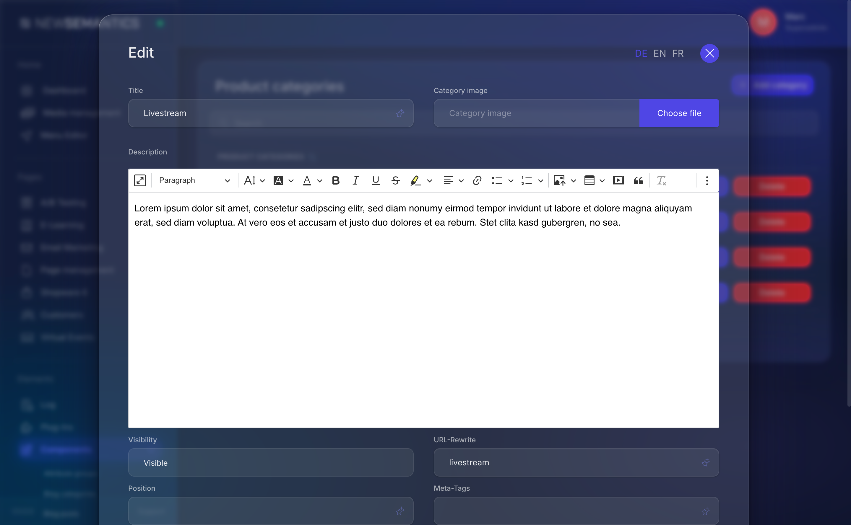 Product edit modal with Catgory dropdown opened