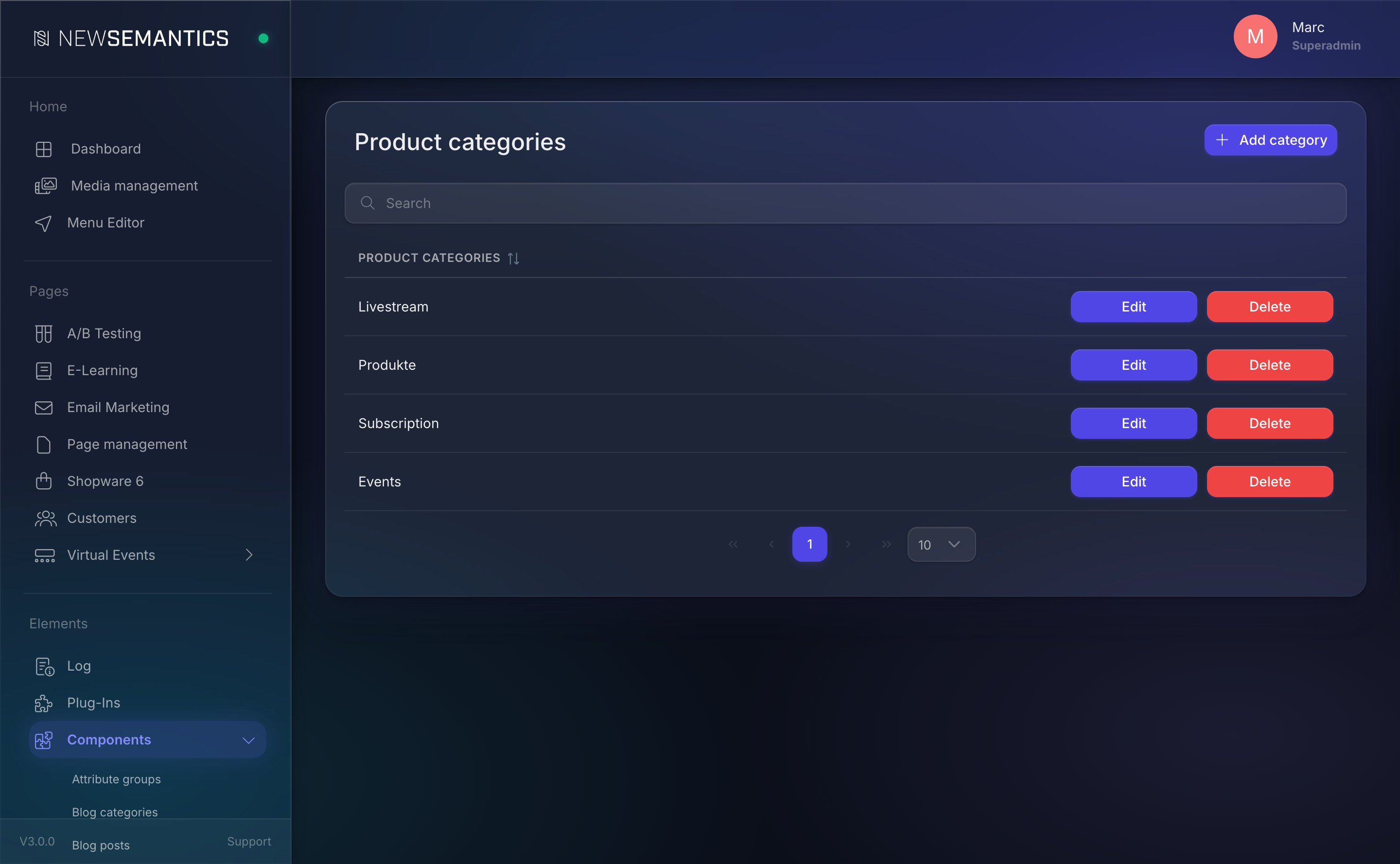 Product categories list with Title column and action buttons