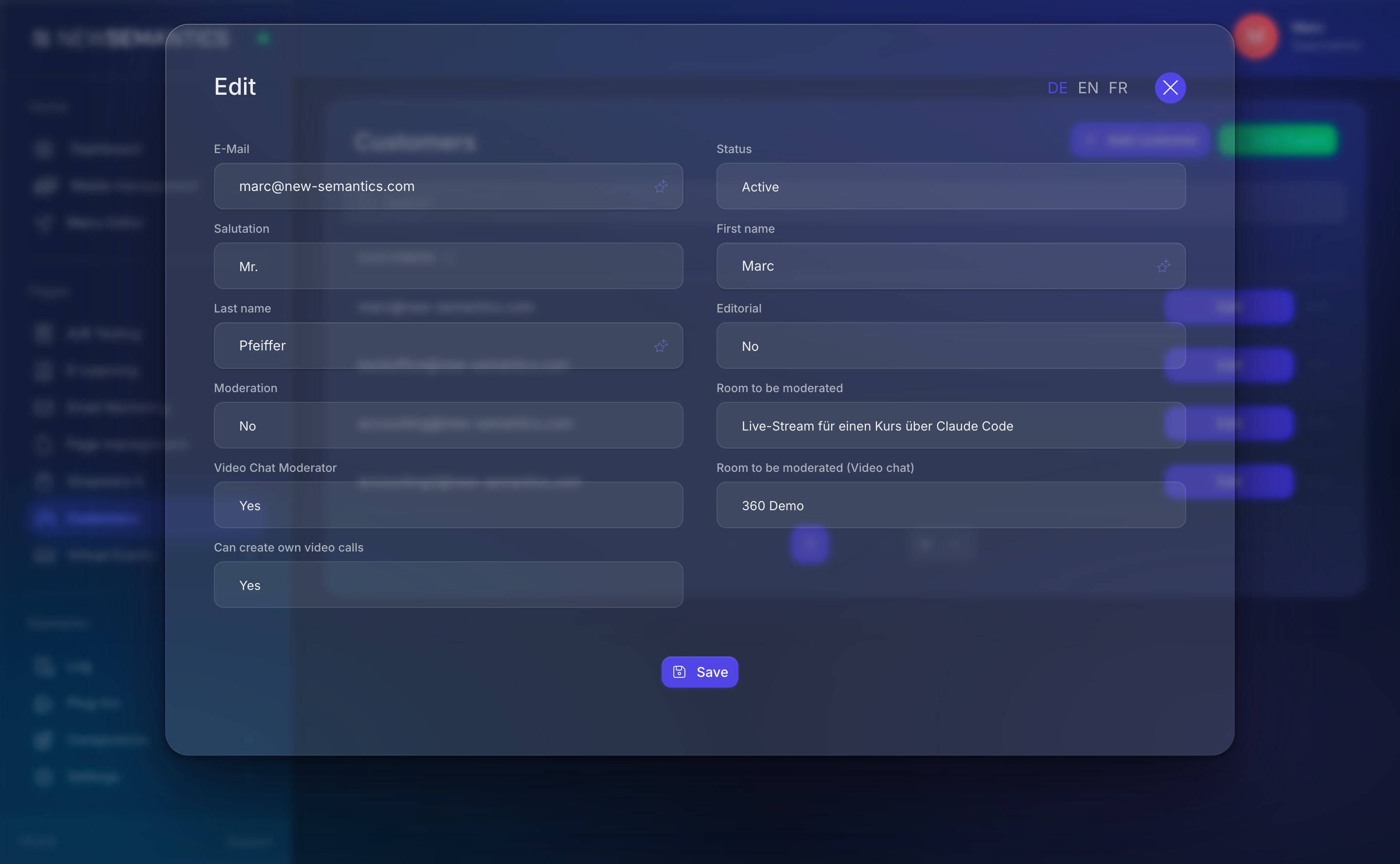 Customer detail with tabs for Basics, Addresses, Orders, Subscriptions