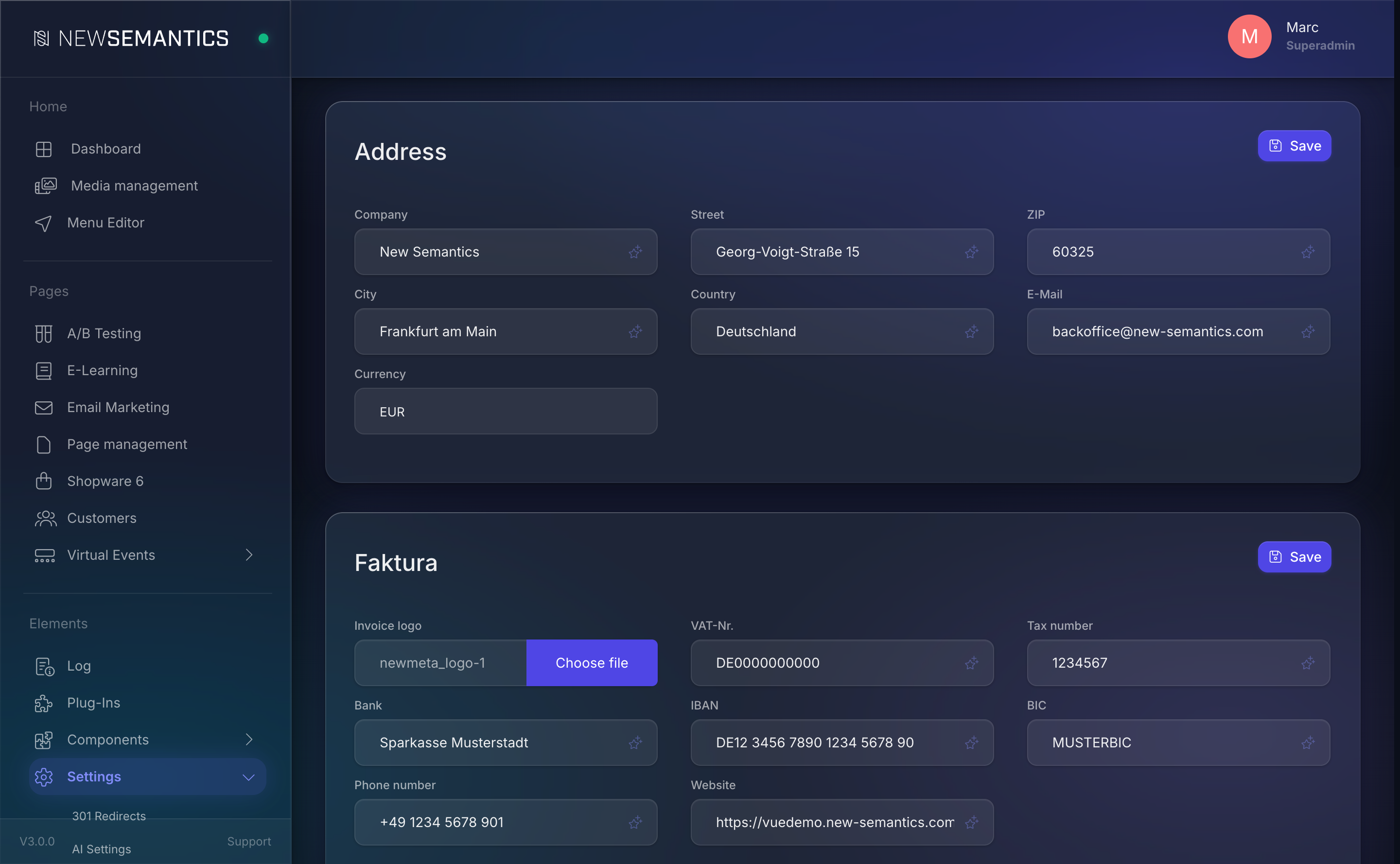 Shop master data screen with sections Address, Faktura, E-mail templates, shipping