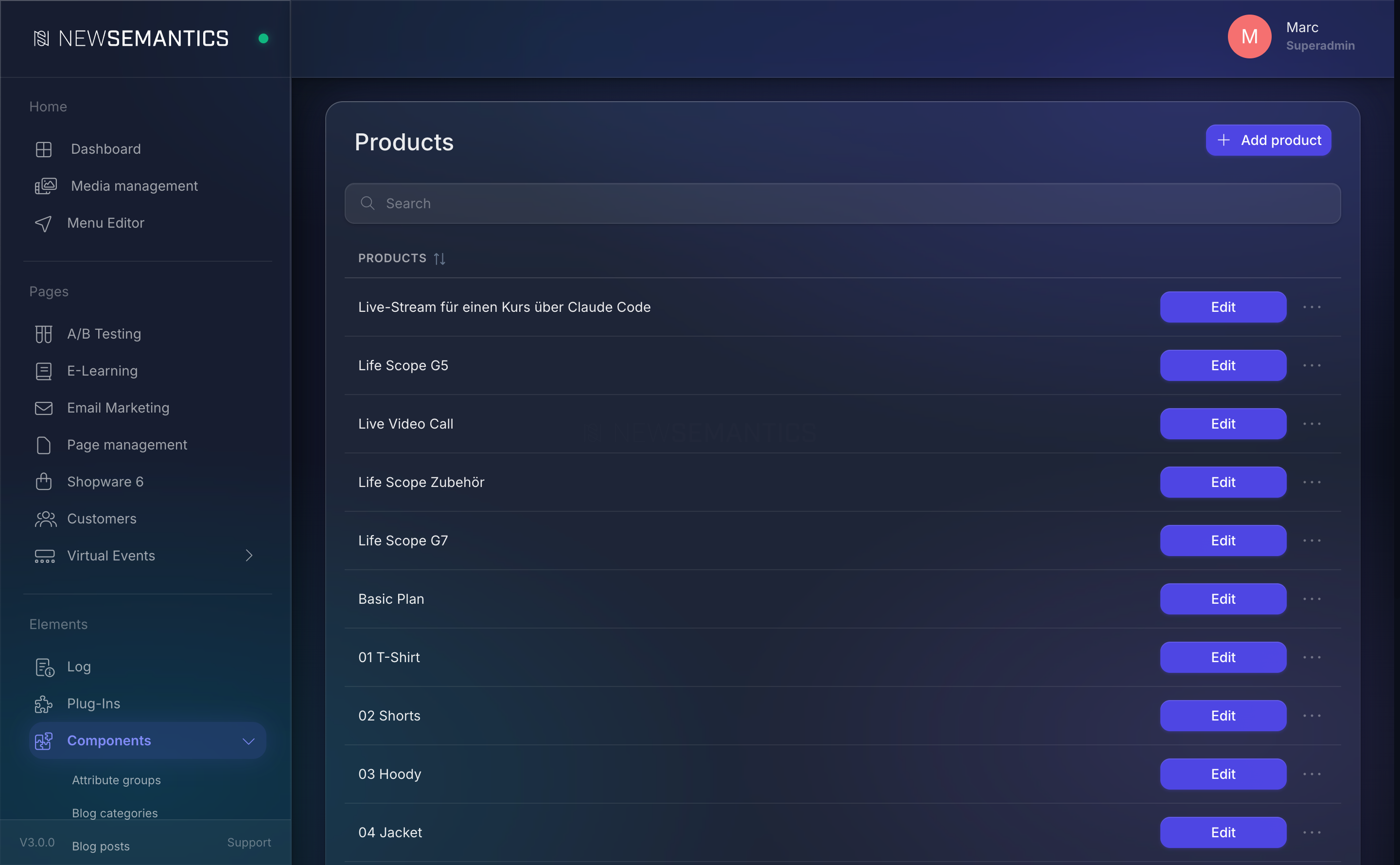 VOD / Shop sidebar with all nine sub-screens expanded