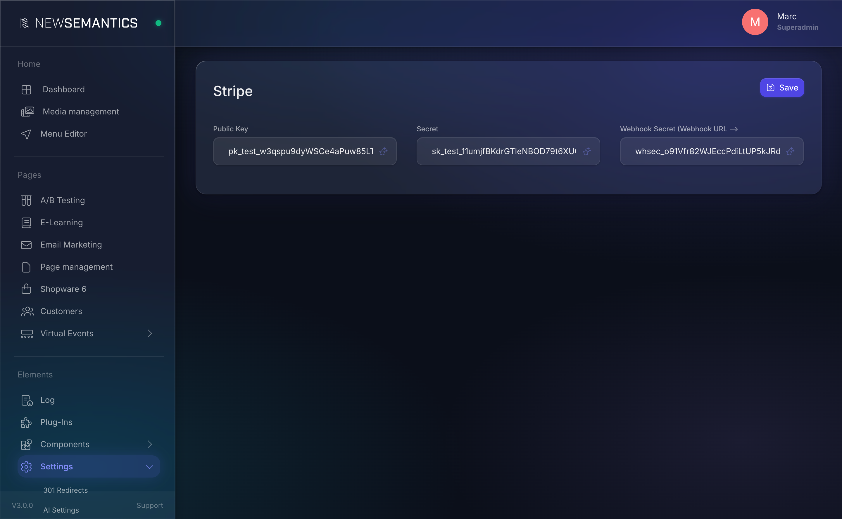 Stripe API settings with Public Key, Secret, Webhook Secret