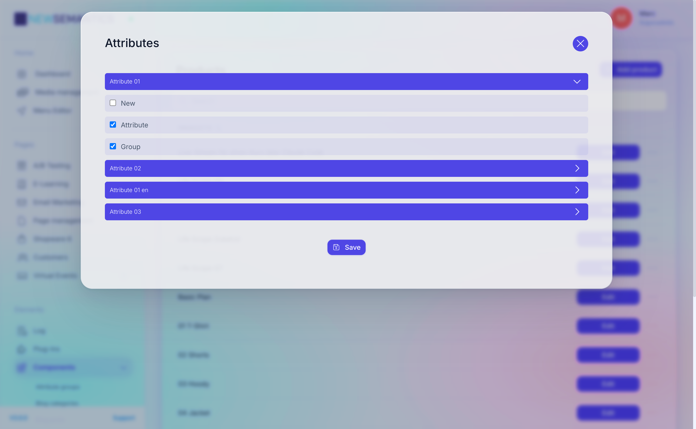 Attribute checklist modal showing grouped attribute checkboxes