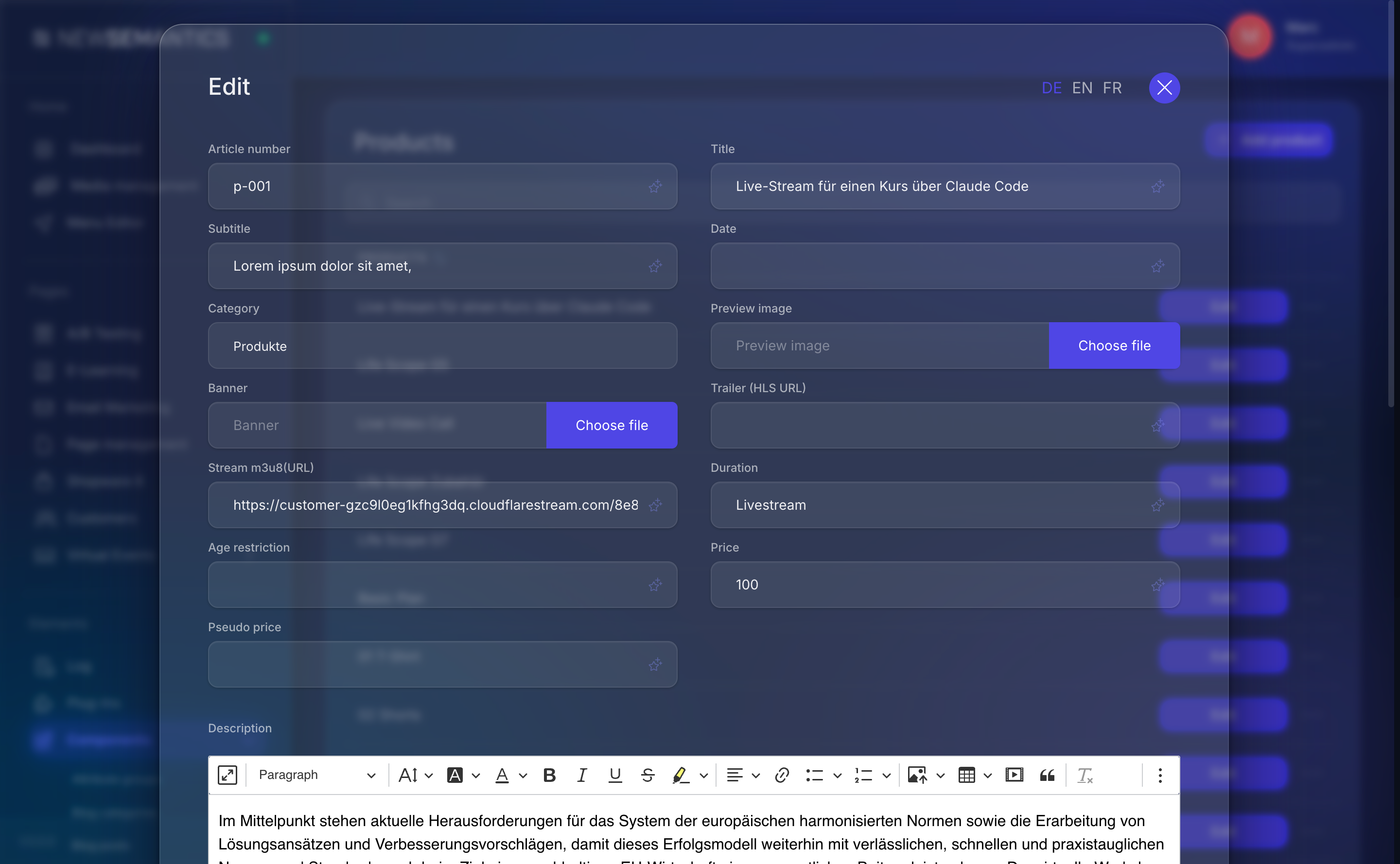 Product edit modal with Title, Subtitle, Price, Image, Description fields
