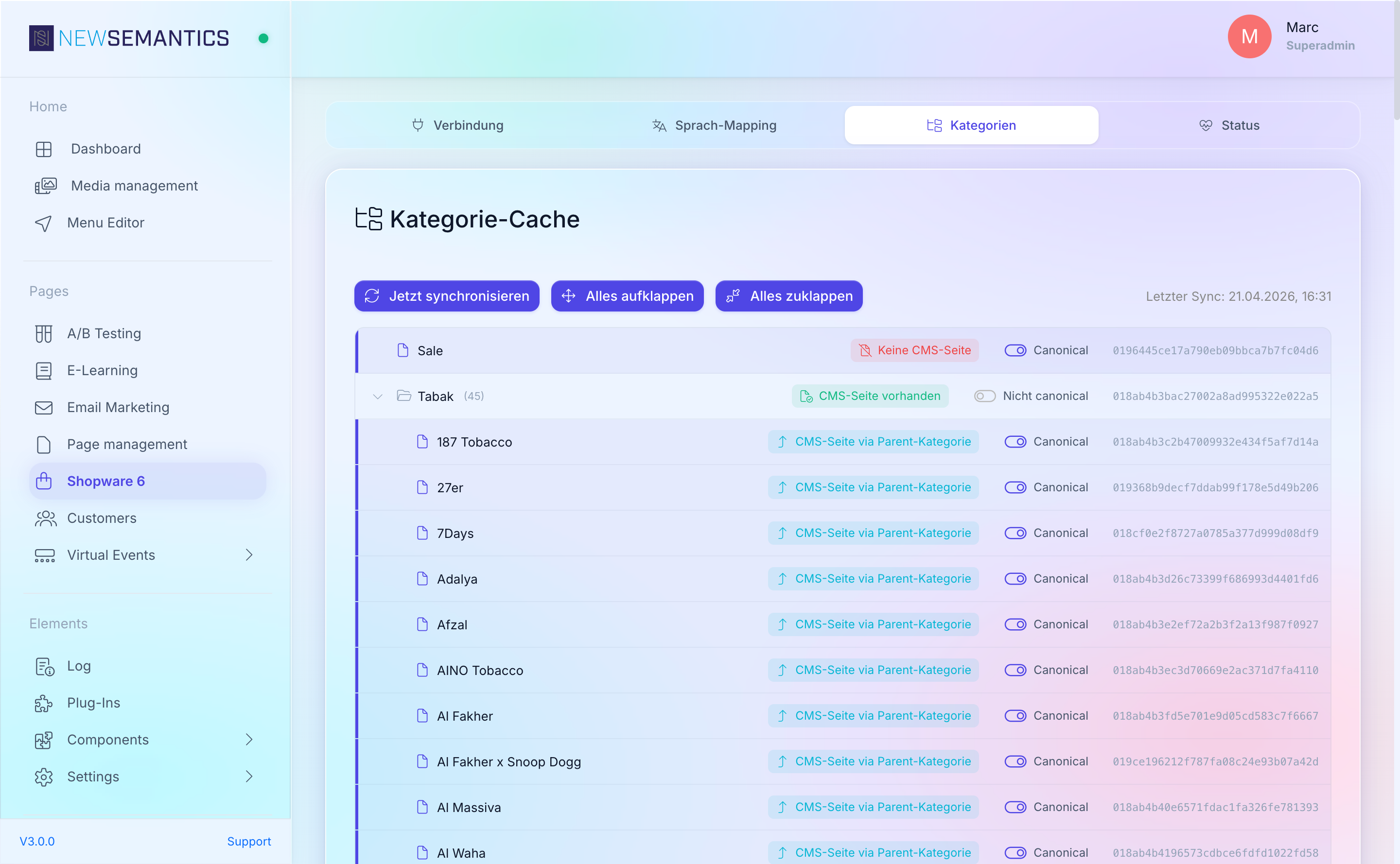 Category tree with hierarchy, Canonical toggle, and CMS status icons