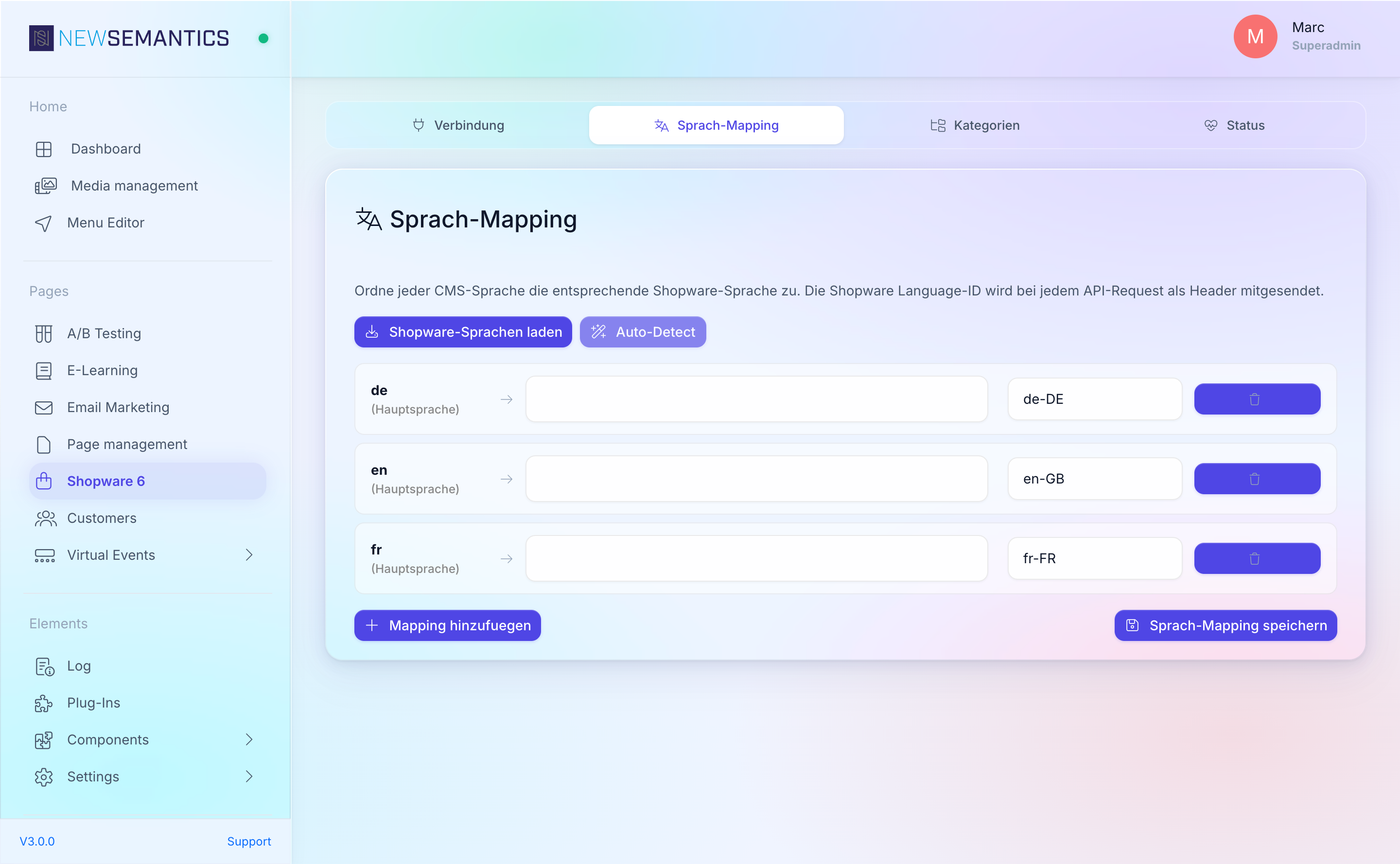 Language Mapping tab with a list of CMS to Shopware language rows