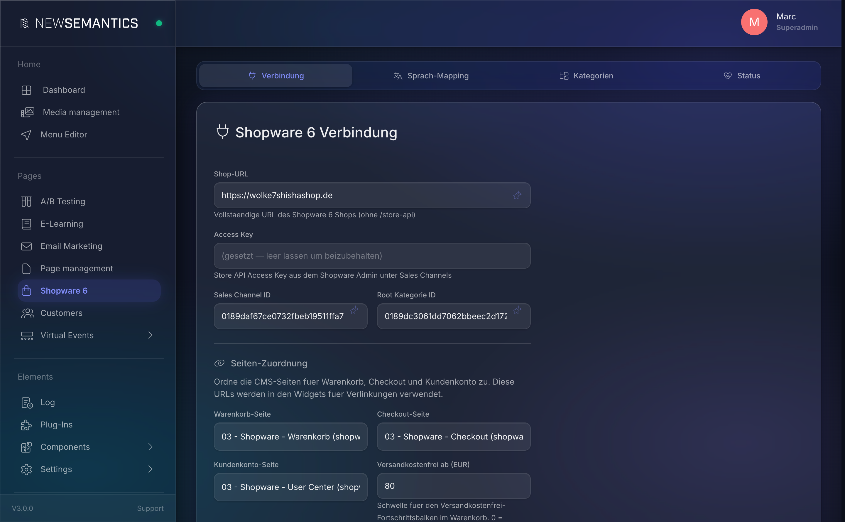 Shopware 6 admin screen with four tabs: Connection, Language Mapping, Categories, Status