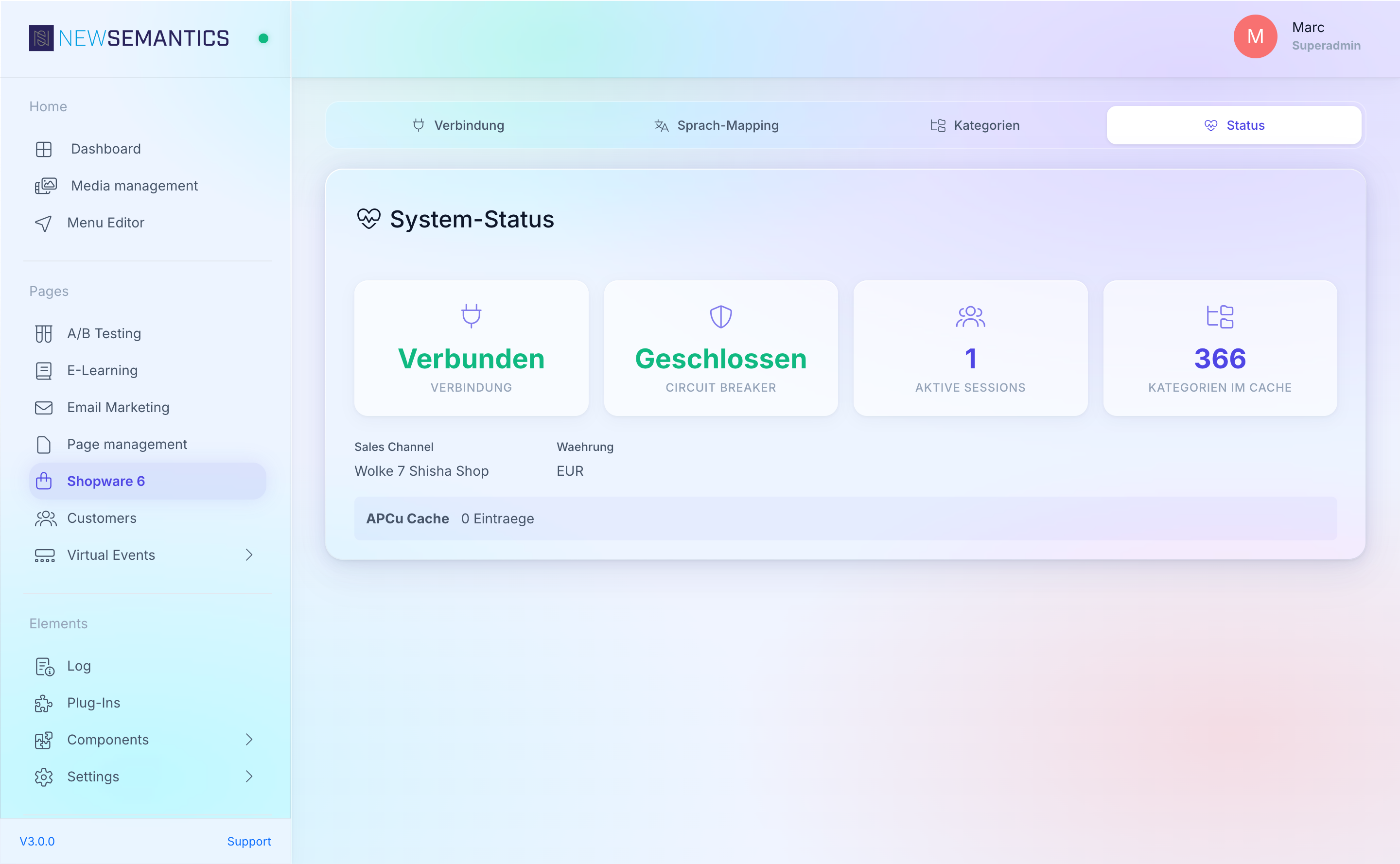Status tab with four stat cards: connection, circuit breaker, sessions, categories