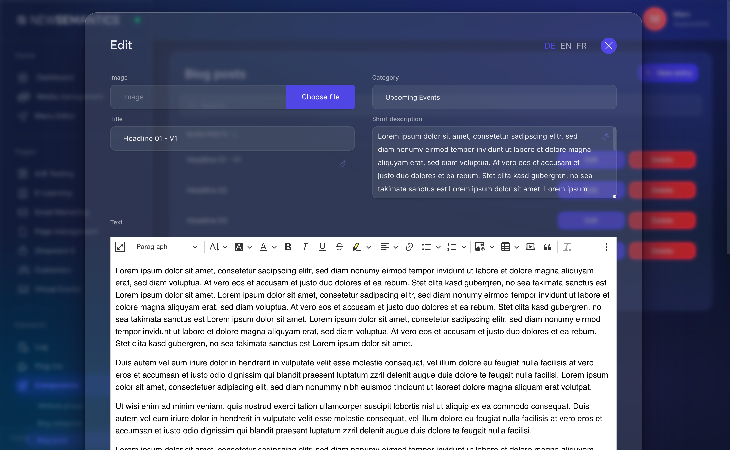 Edit modal for an existing blog post with language tabs visible