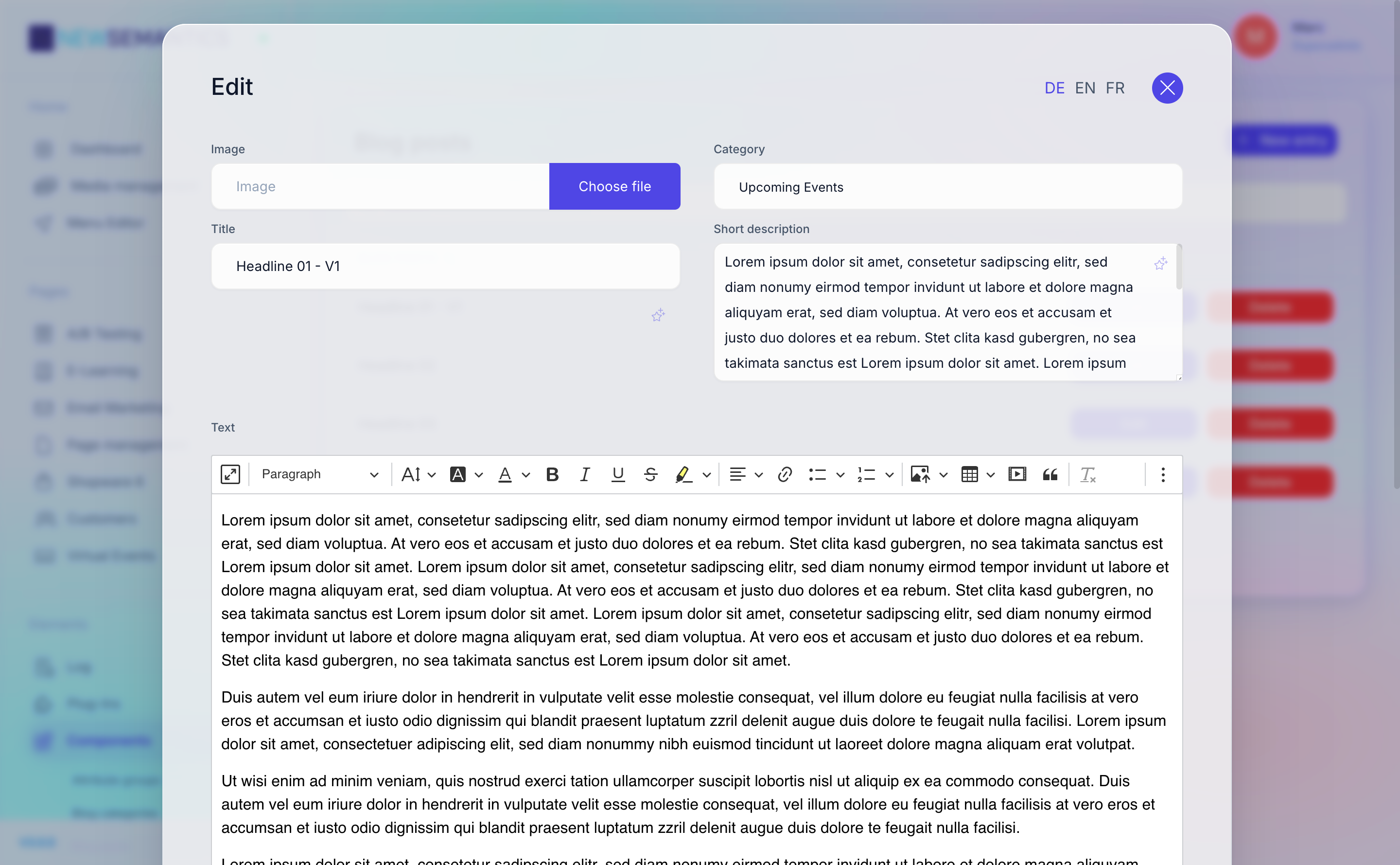 New entry modal with fields for Image, Category, Title, Short description, Text
