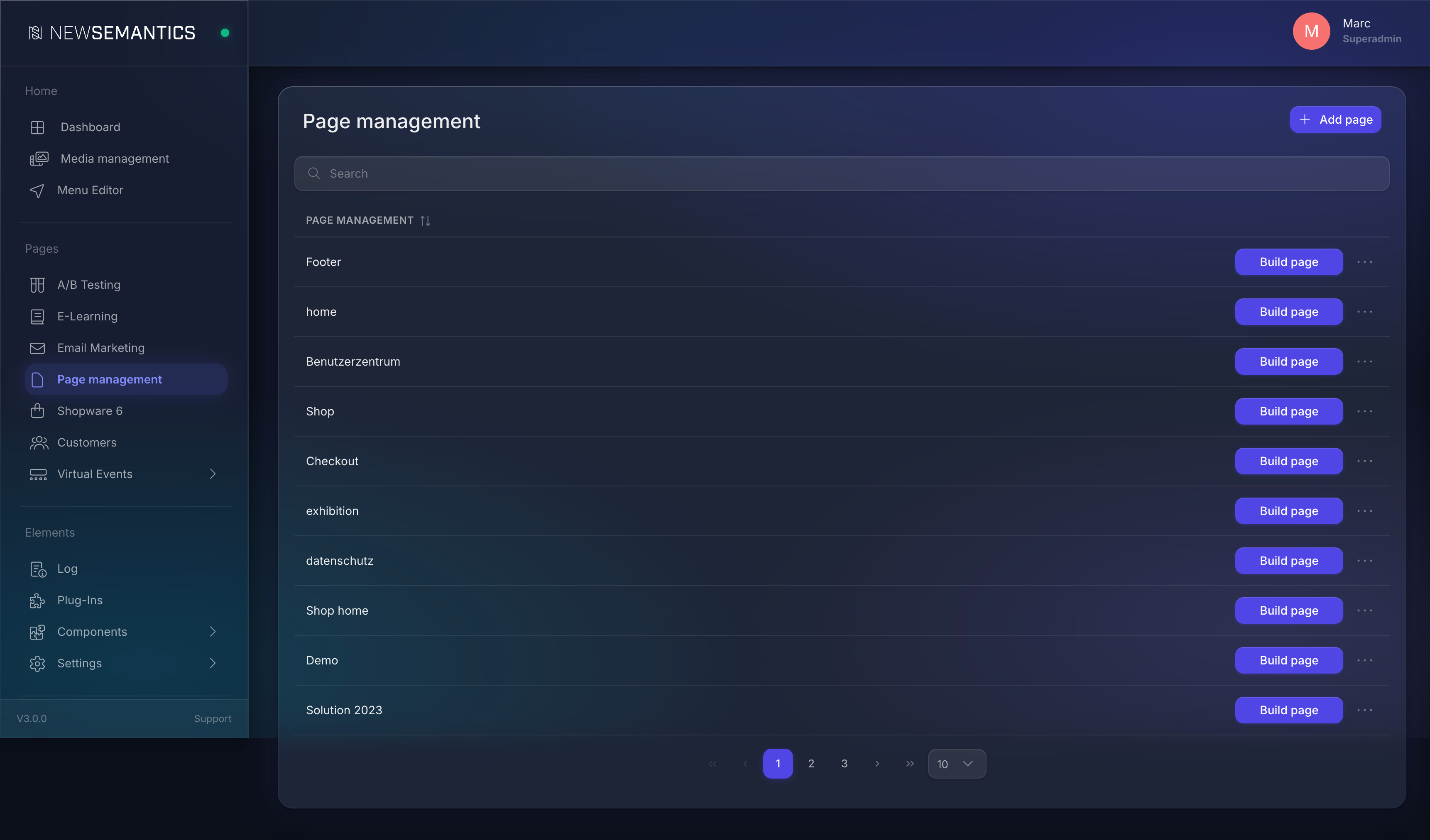 Page management with a list of existing pages