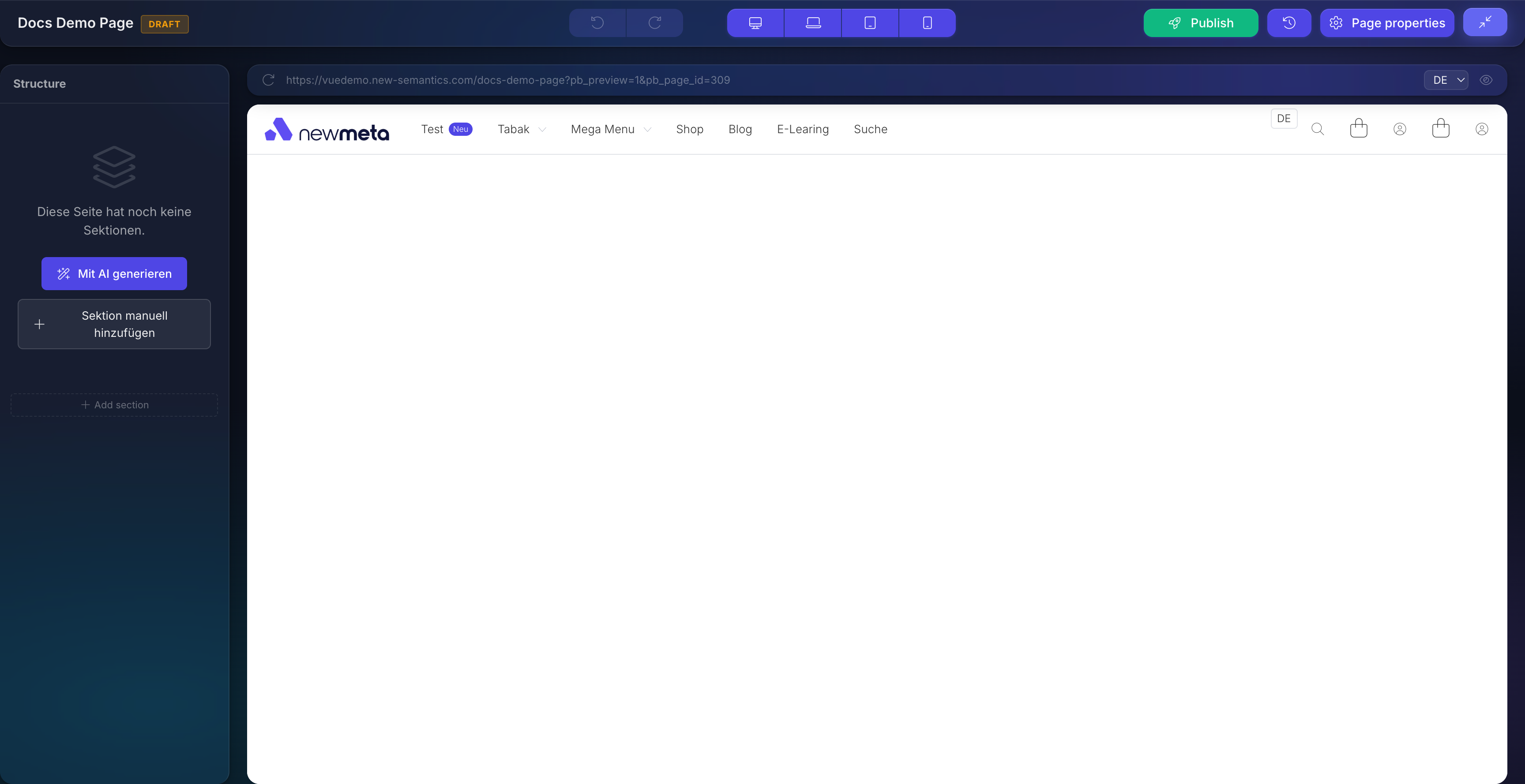 Empty Pagebuilder with an empty state prompt