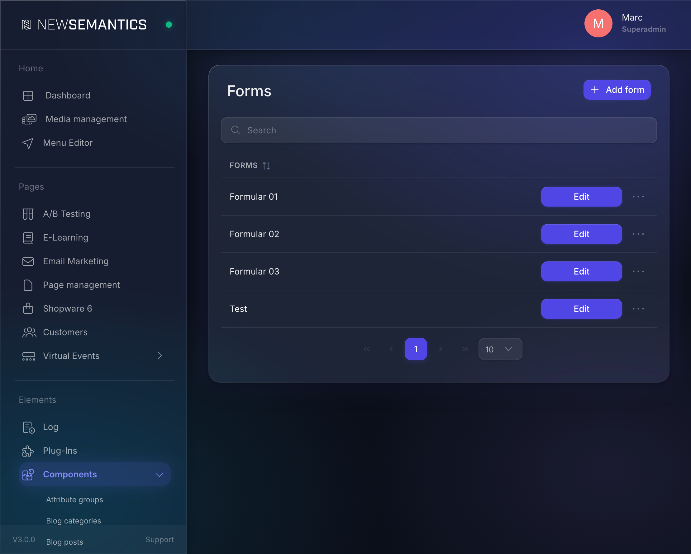 Forms list in Components