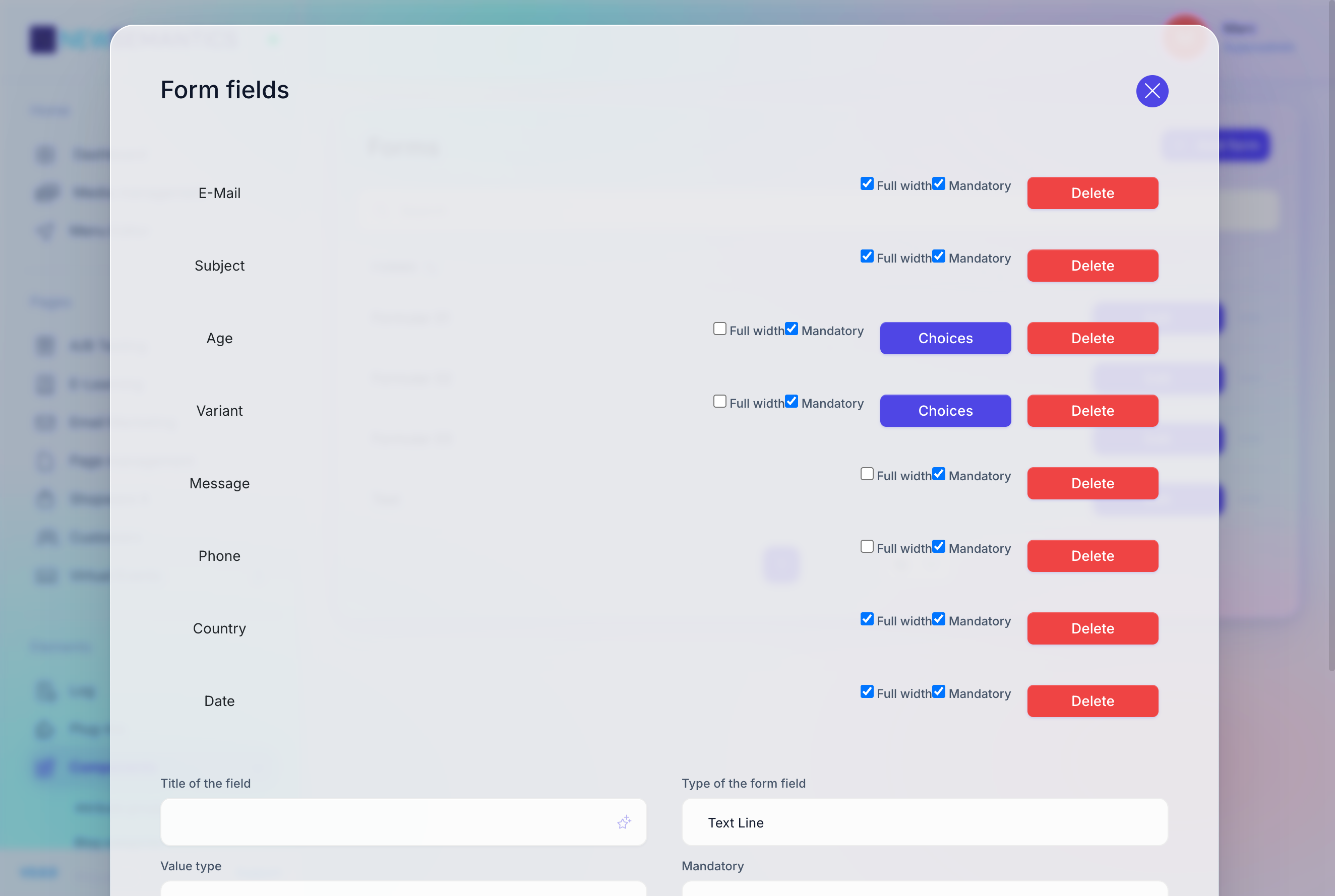 Form field modal with Name settings