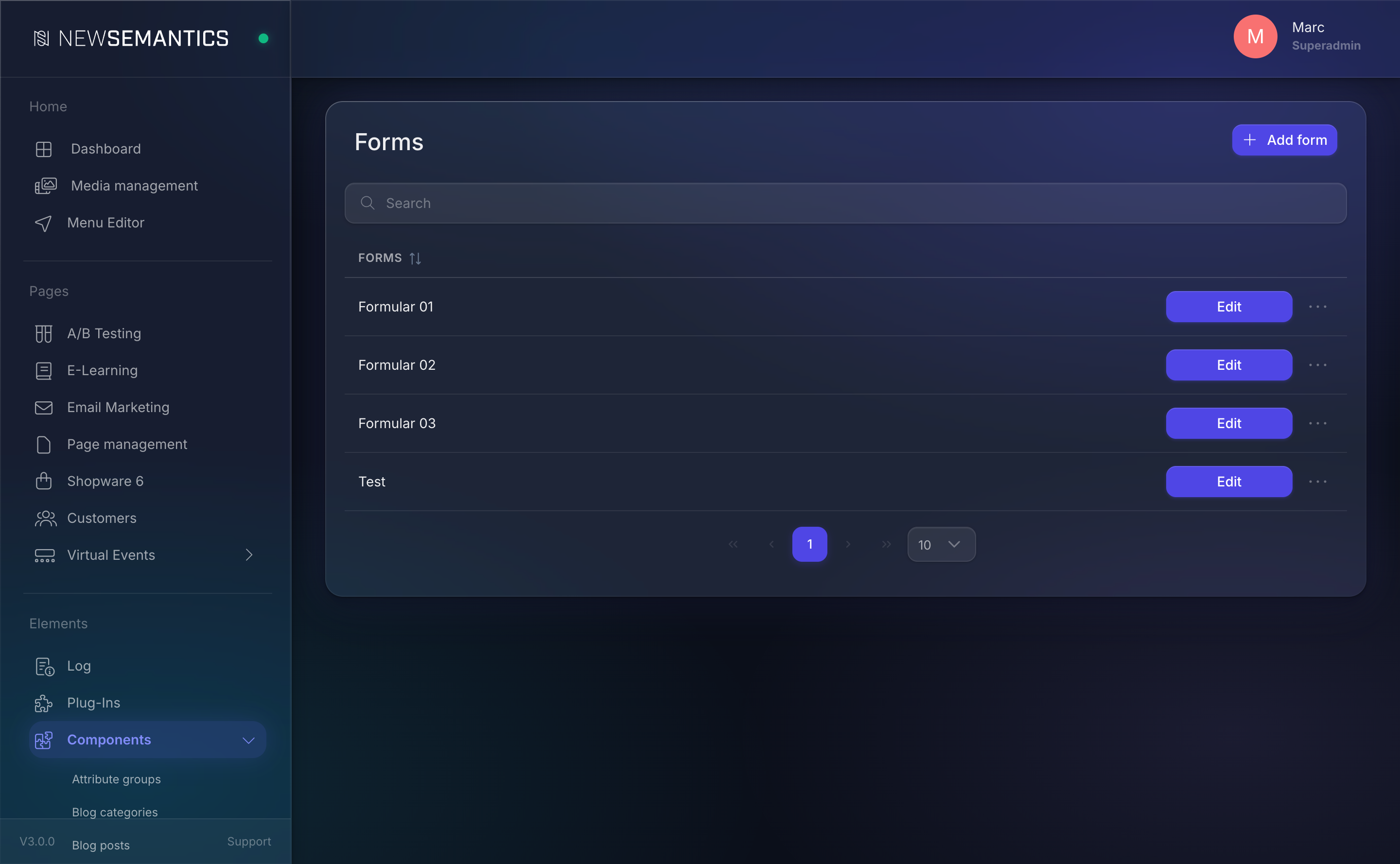 Forms list in the Backend with a few contact and request forms
