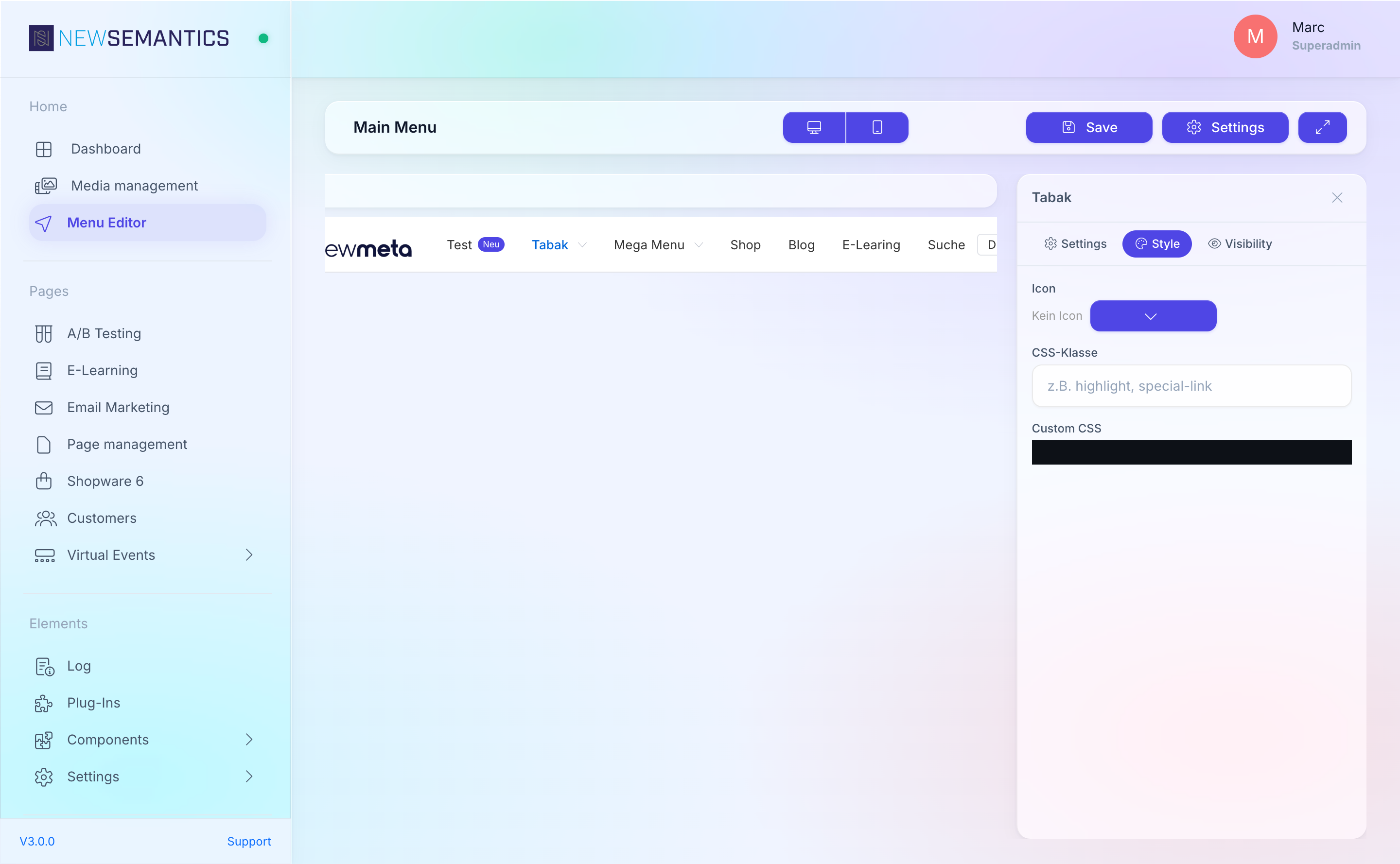 Properties Panel showing Icon, Badge text, Badge color, CSS class fields