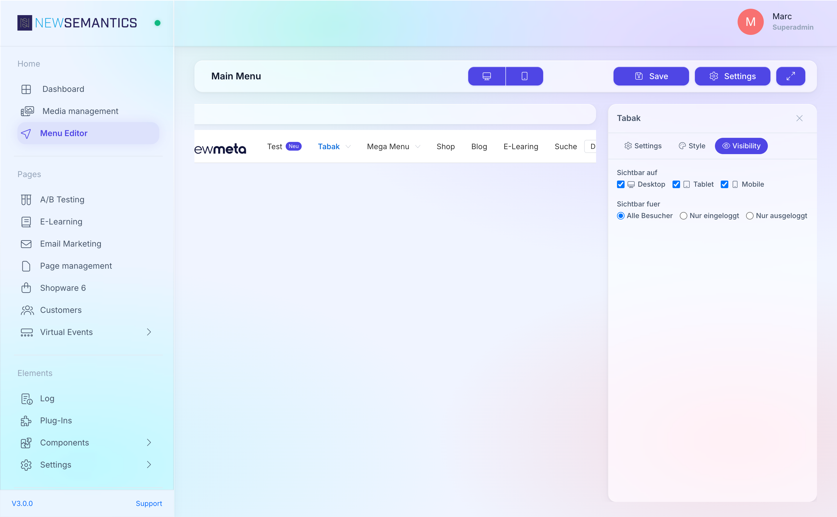 Visibility section with Device and Login status checkboxes