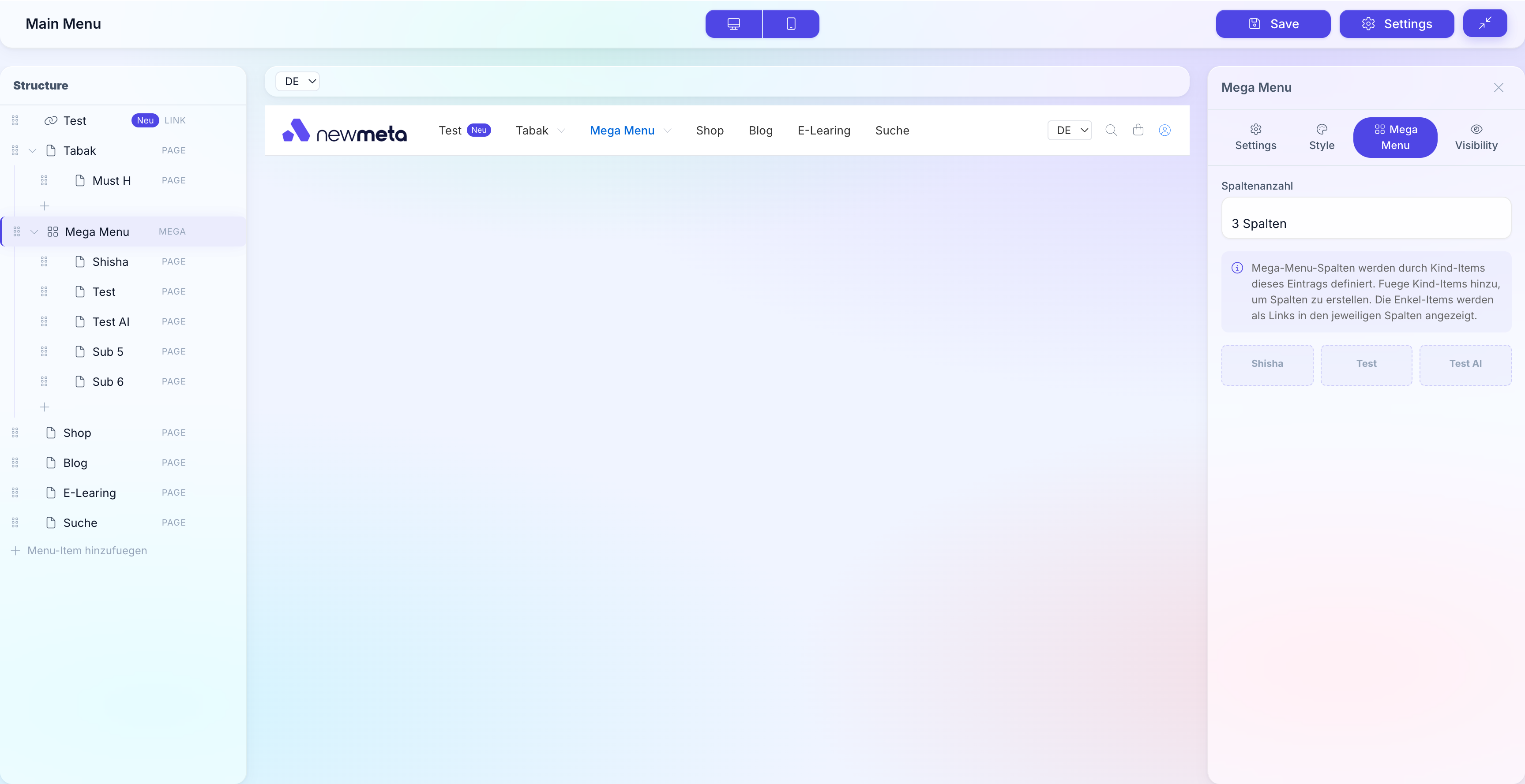 Live preview with a mega menu expanded, showing 4 columns and an image