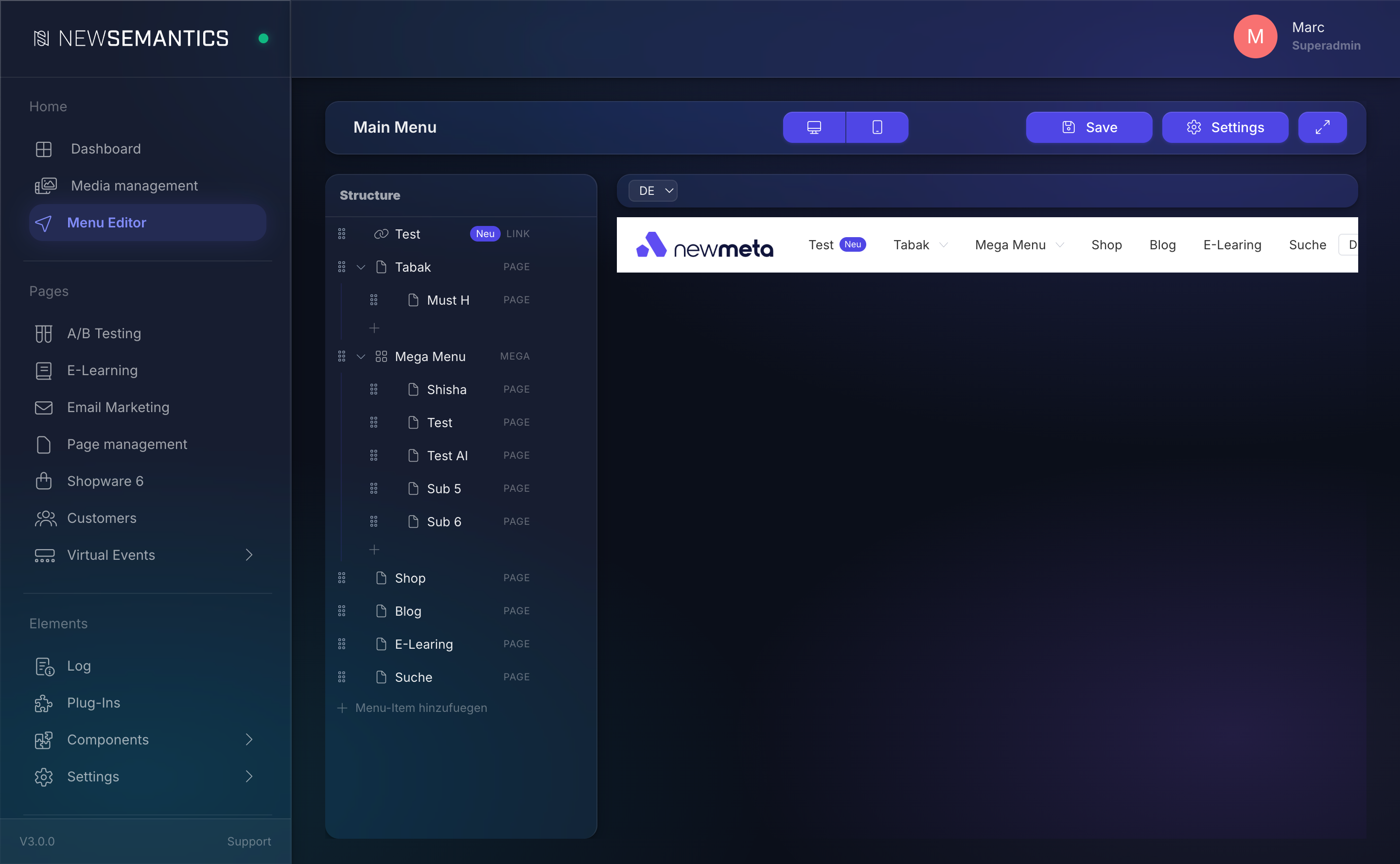 Menu Editor with structure tree, live preview, and properties panel