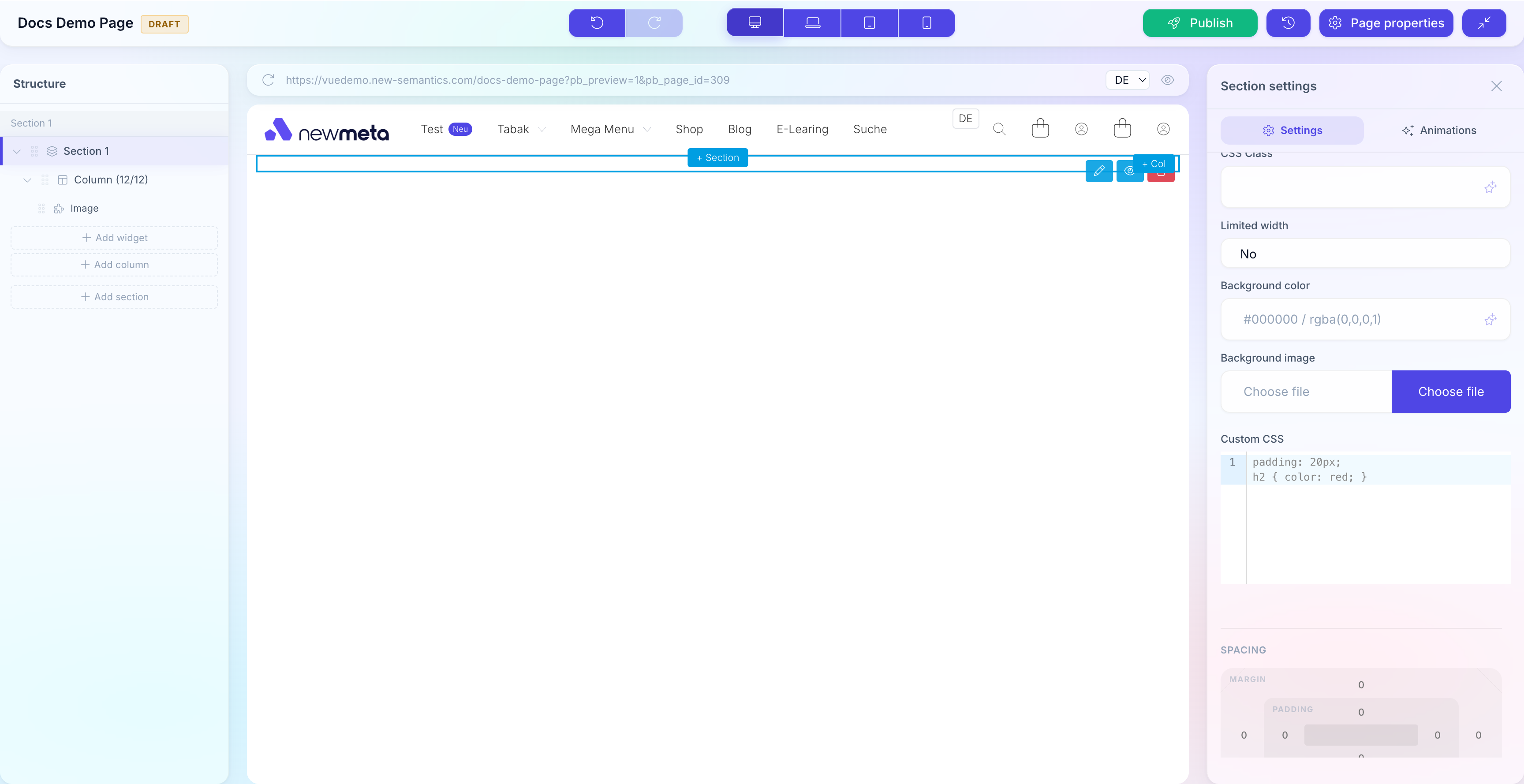 Pagebuilder top bar with the DRAFT badge highlighted